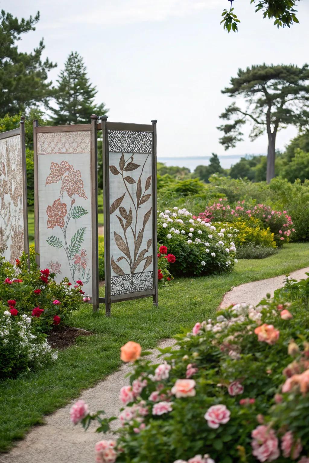 Artistic screens can act as the centerpiece of a garden.