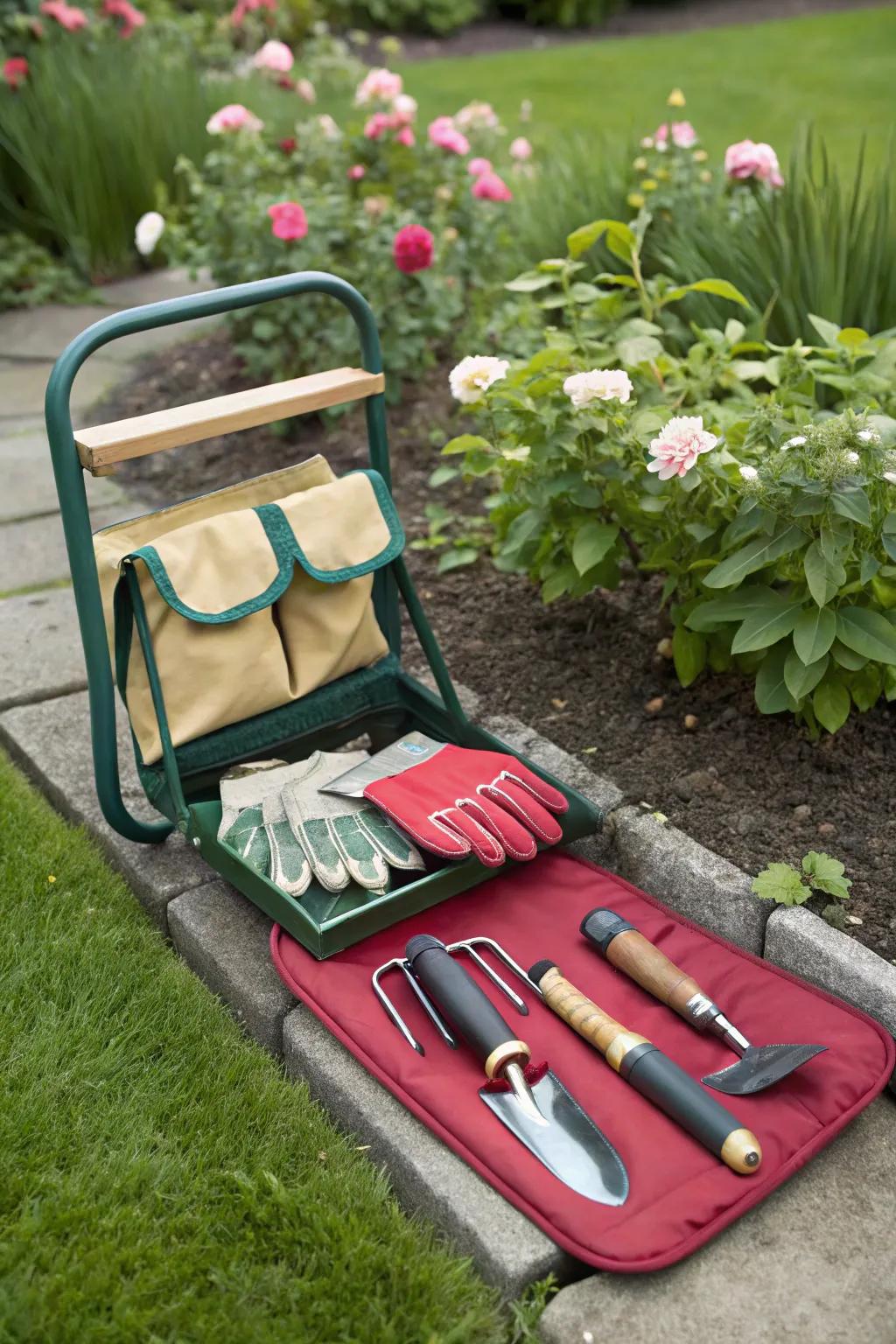 Tend your garden comfortably by utilizing a supporting kneeling platform.