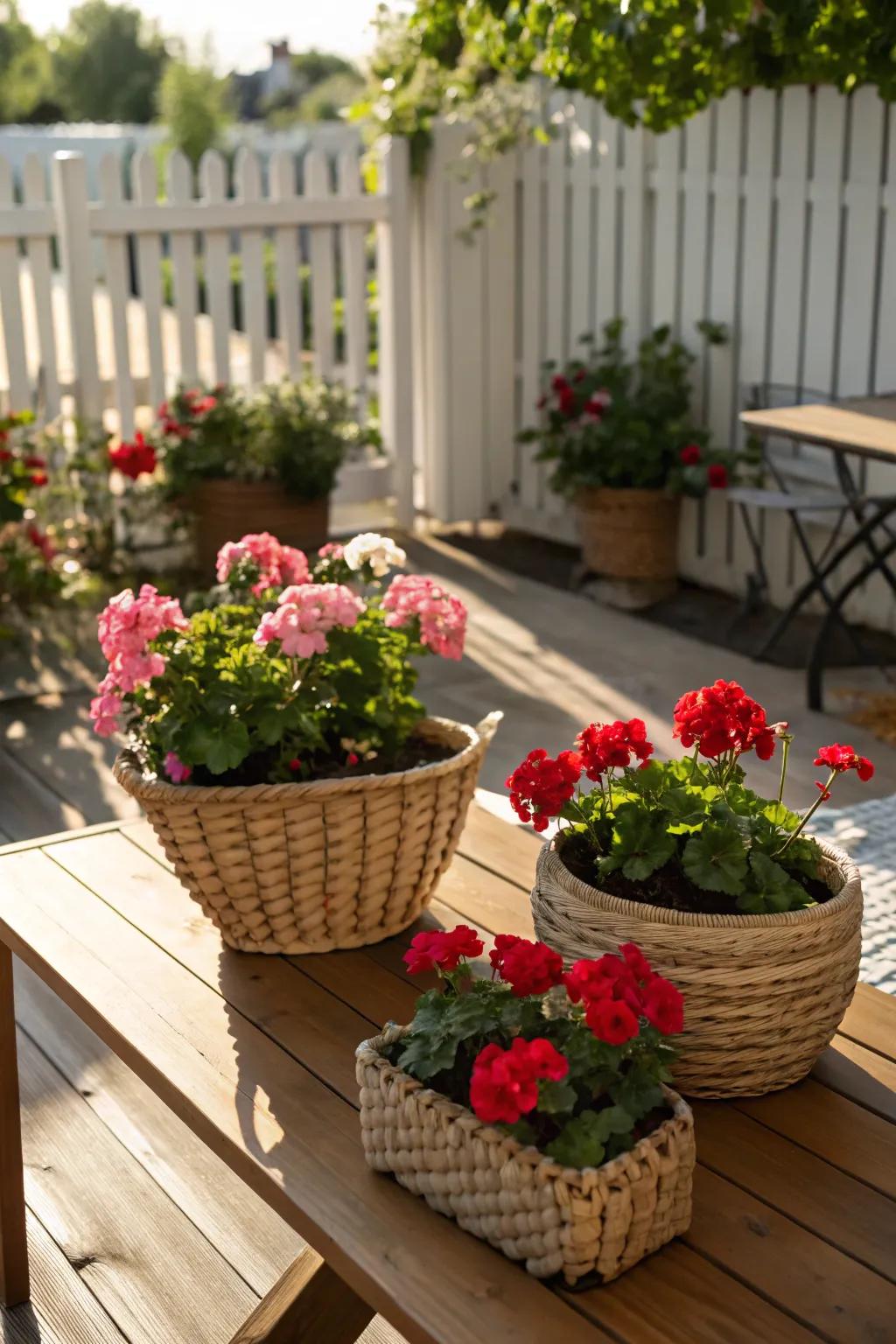 Interlaced reed planters, brimming with luminous geraniums, create a warm and inviting patio ambiance.