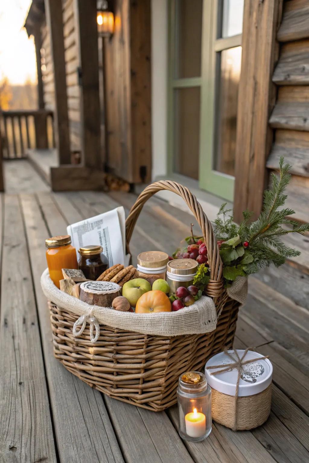 A rustic-themed gift basket incorporating natural aspects.