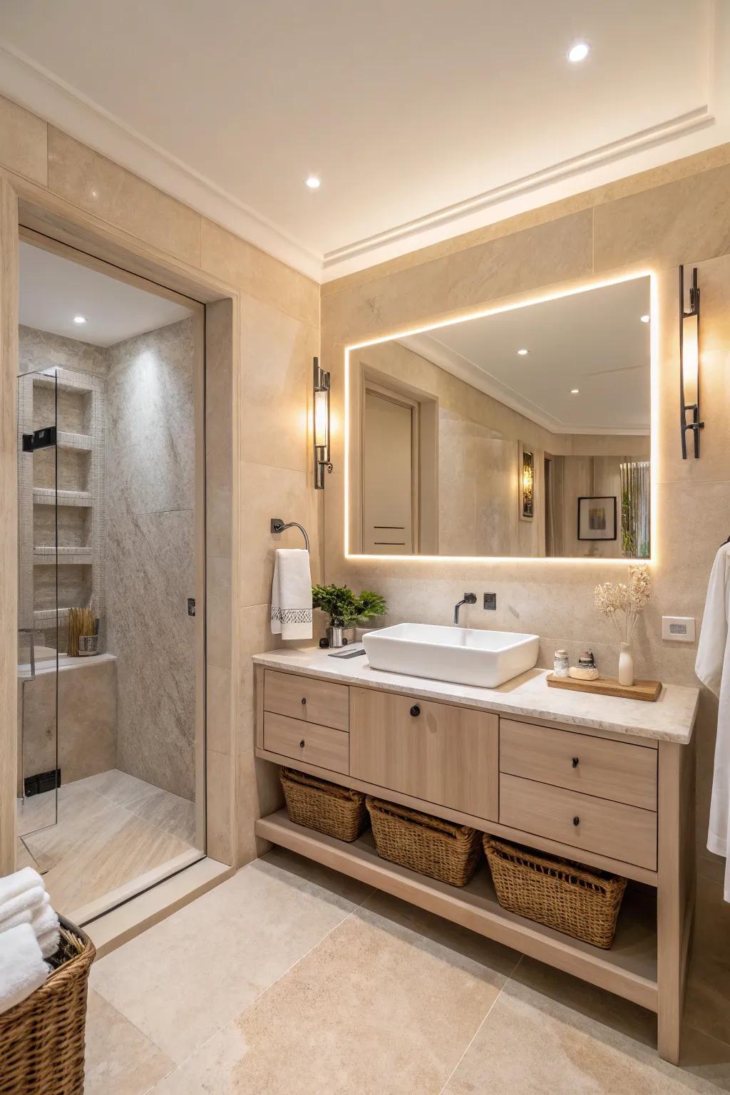 A serene bathroom radiating neutral color tones and soft lighting.