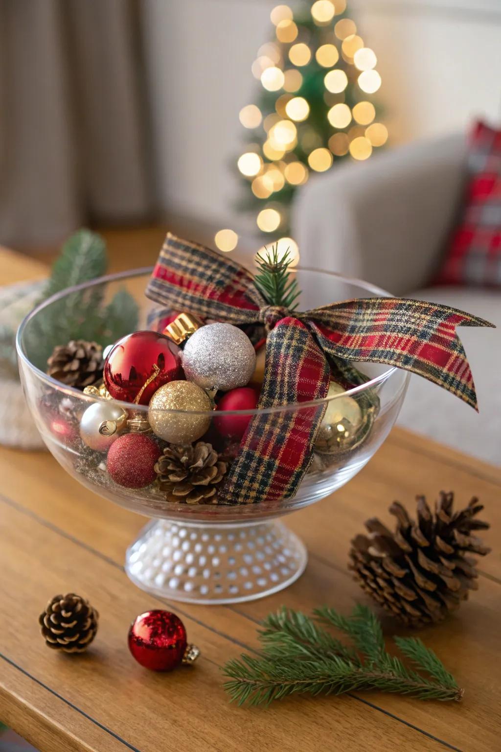 Tartan bands impart a snug accent to a crystalline bowl.