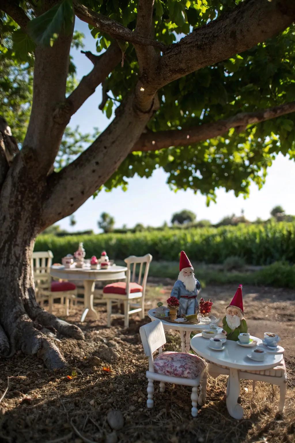 A charming gnome tea party under the oak.