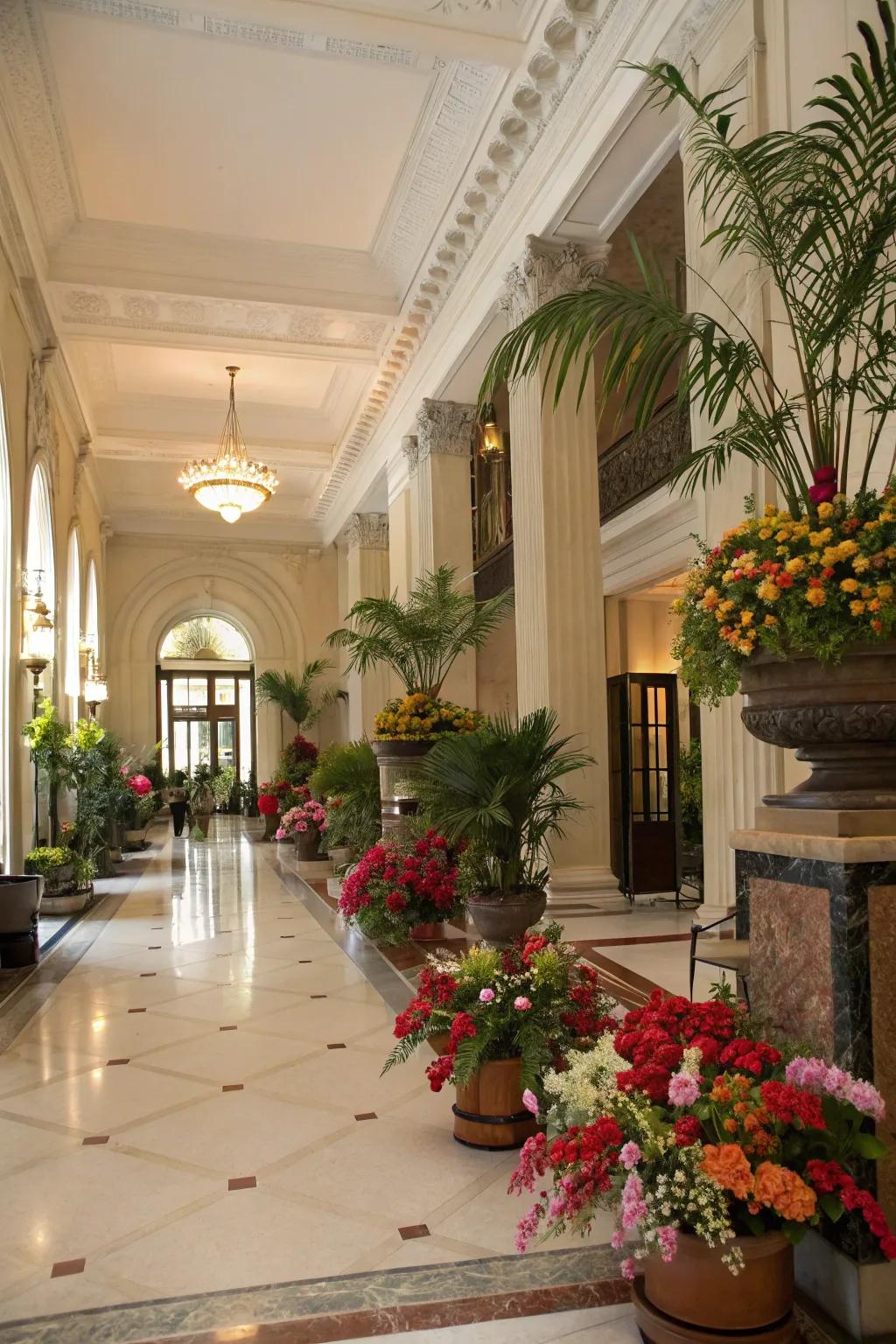 Potted flora and abundant vegetation breathe life into a grand foyer.