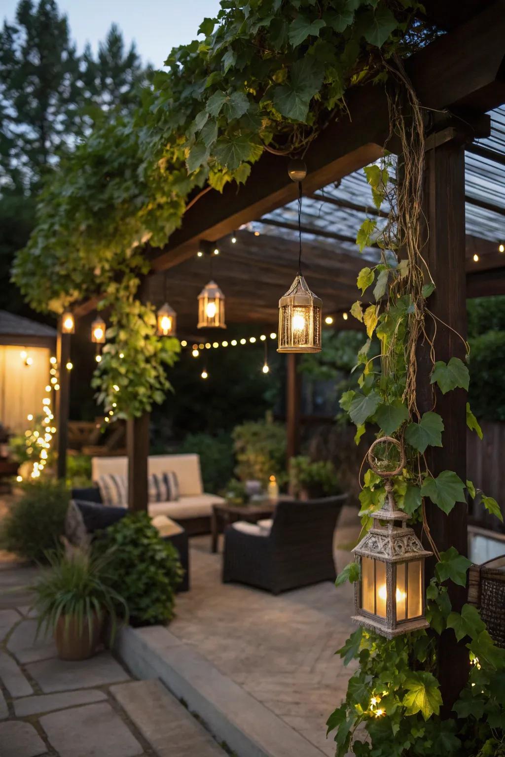 An inviting outdoor gathering area with a grapevine swag.