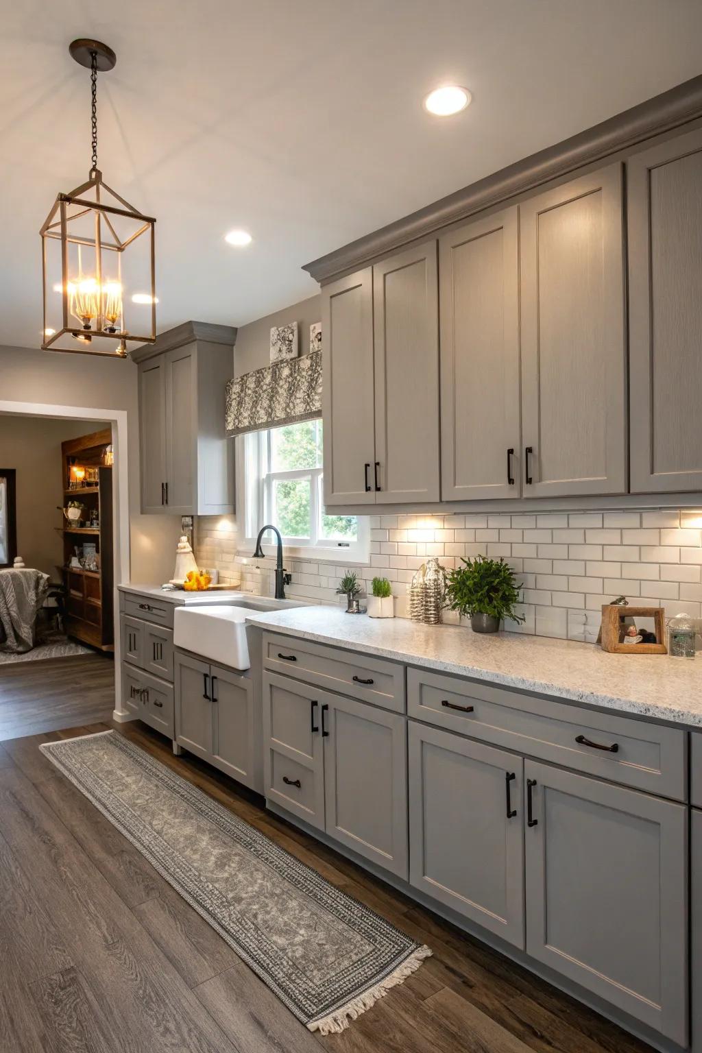 Gray forms a relaxing canvas in this flexible kitchen layout.