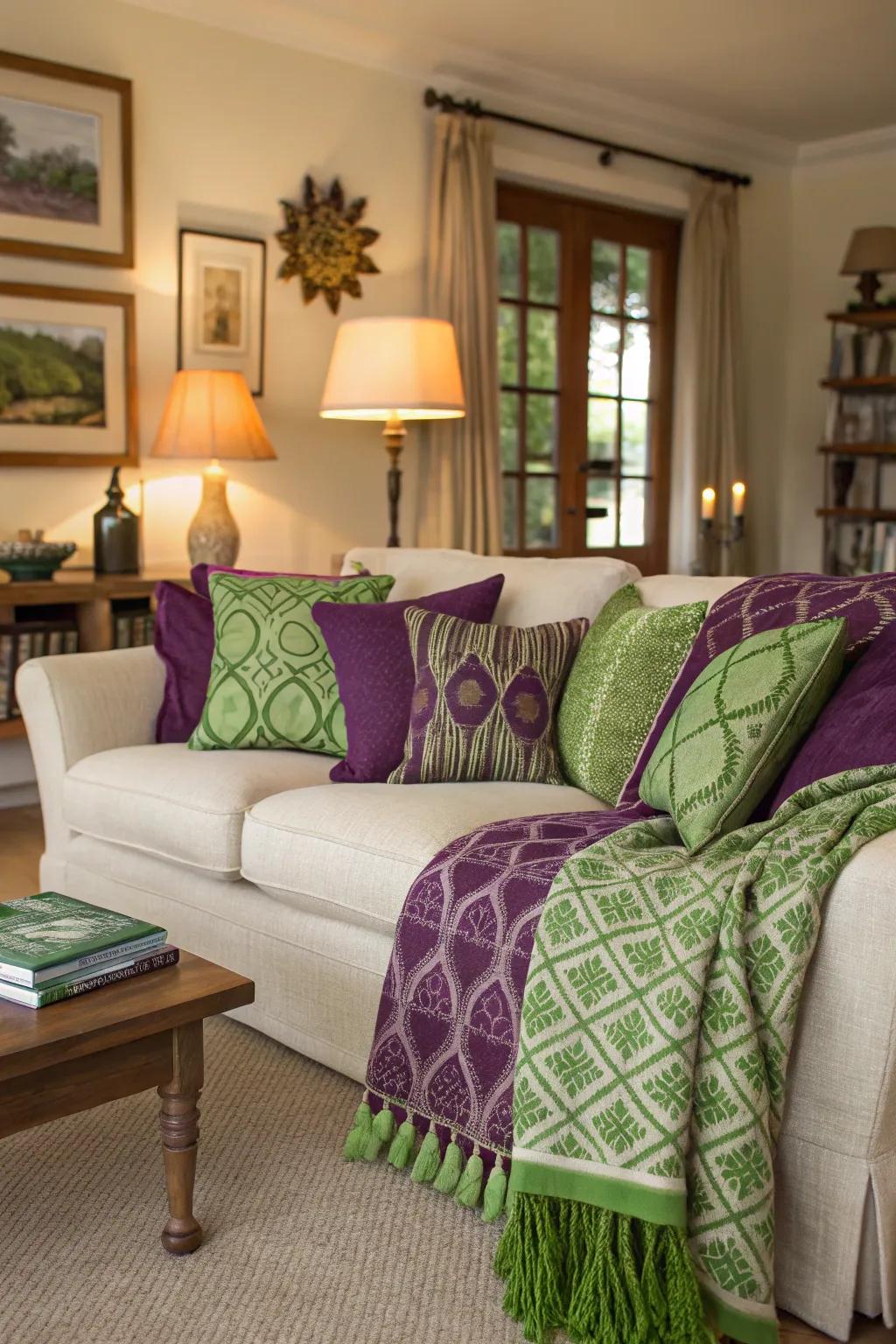 Accent cushions and blankets conveying hue to the parlor.