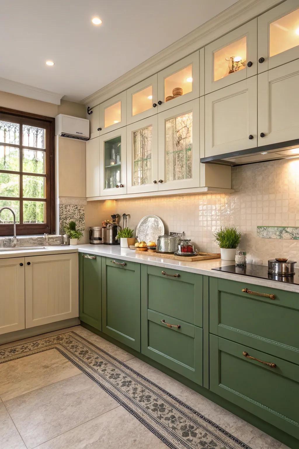 Bicolored cabinetry enriching a green kitchen with depth and personality.