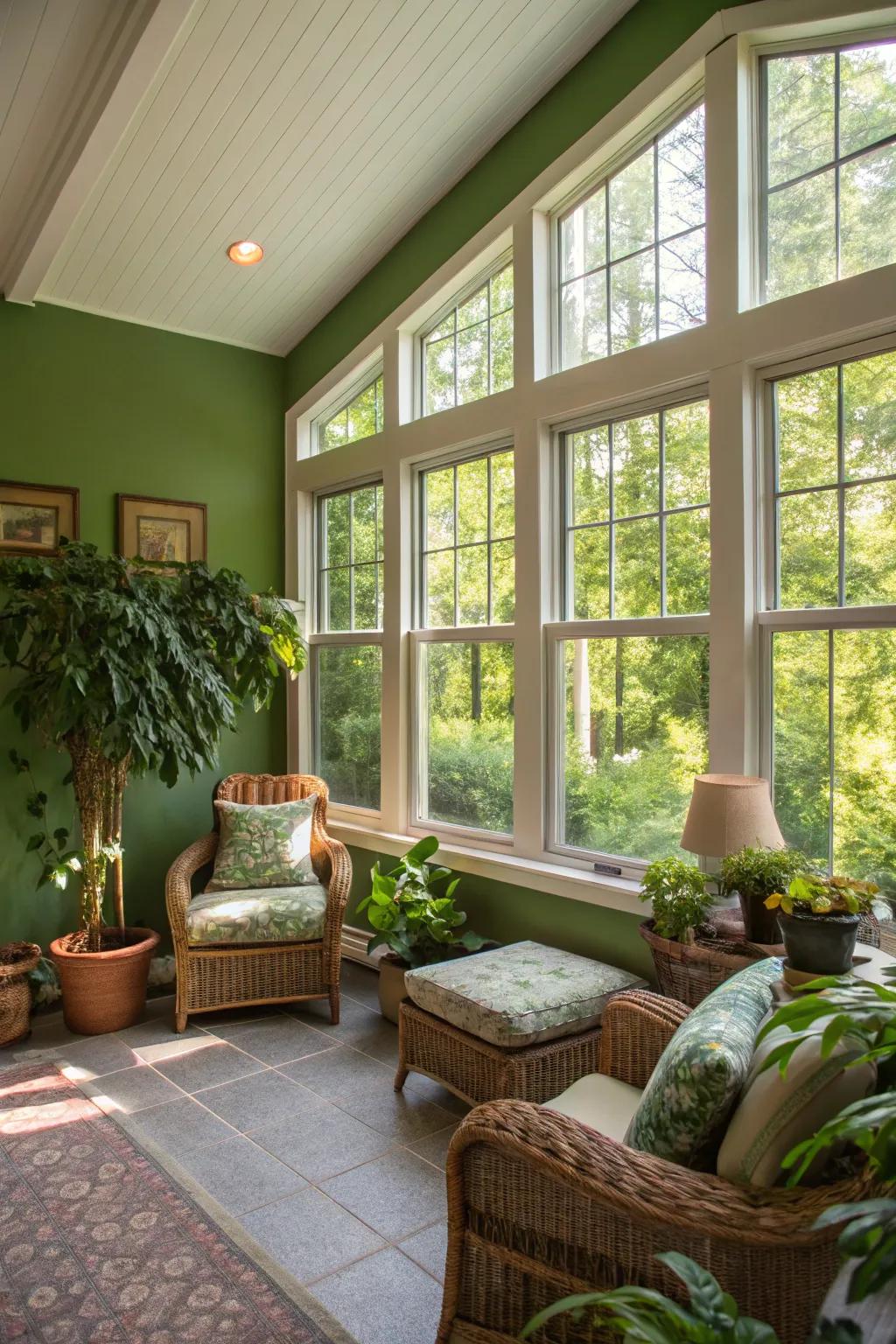 A sun-drenched room where a green wall flourishes, enhancing the space.