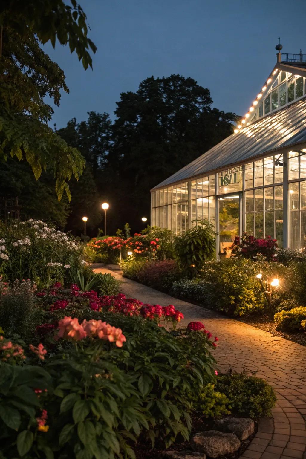 Integrated lighting transforms a greenhouse into a nighttime getaway.