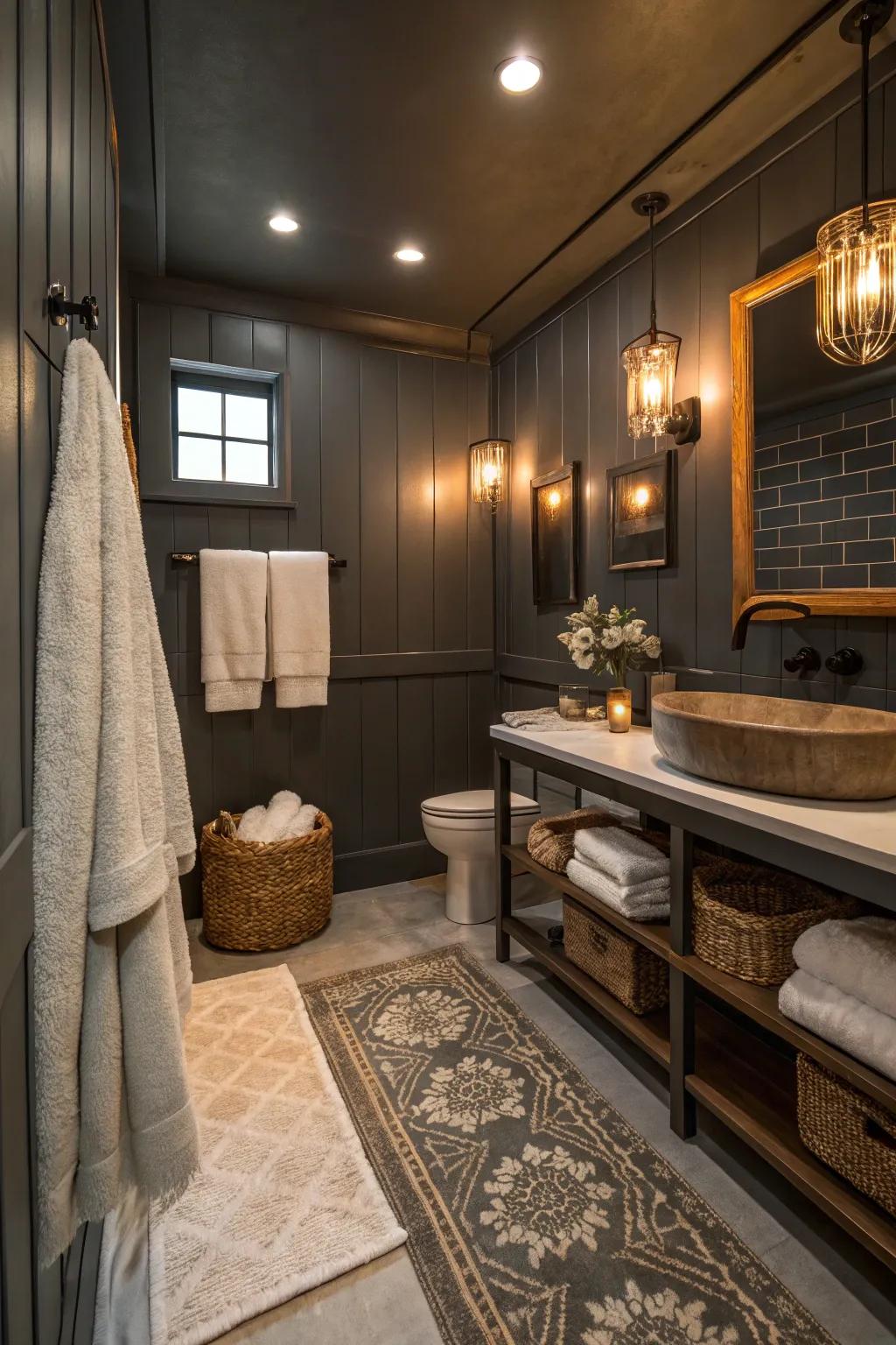 Dark grey walls cultivate a snug and personal atmosphere in this bathroom haven.