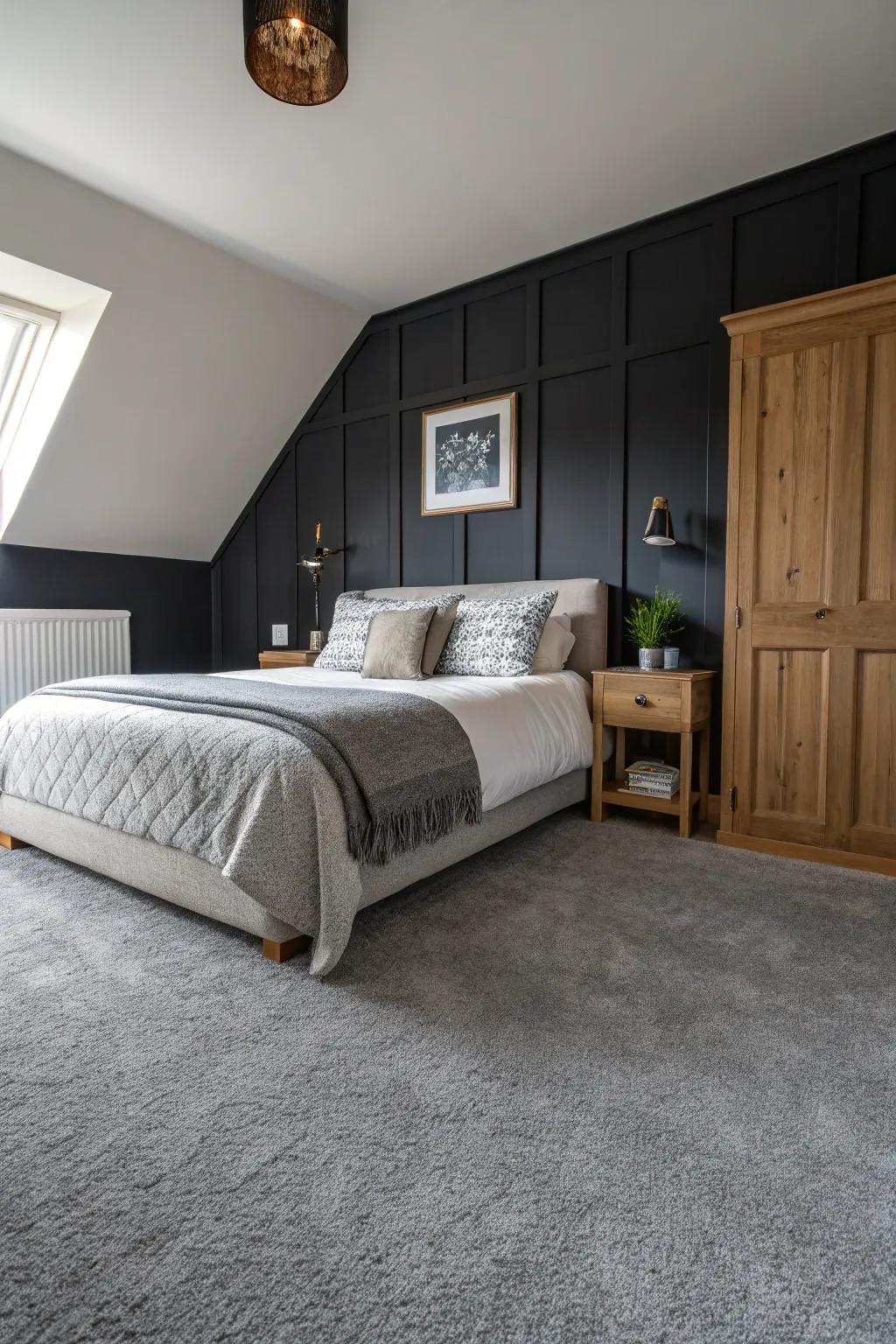 Dark walls provide a dramatic backdrop to this grey carpet, enriching the room's feel.