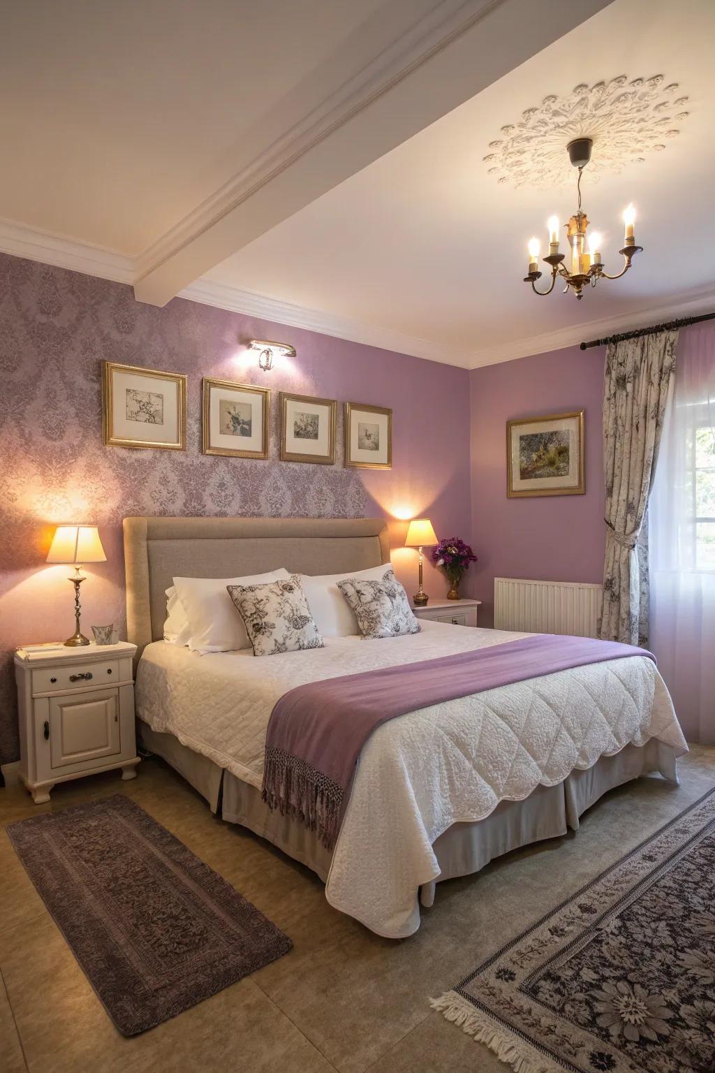 A calming guest room featuring soothing violet tones.