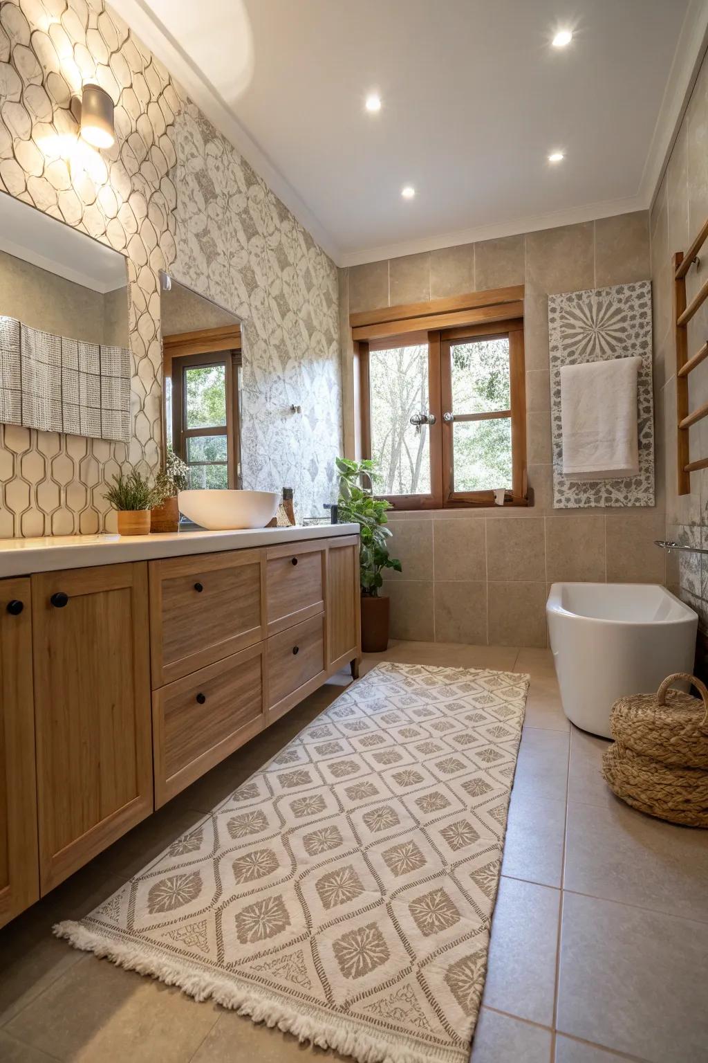 Textural contrast enriches this bathroom’s design.