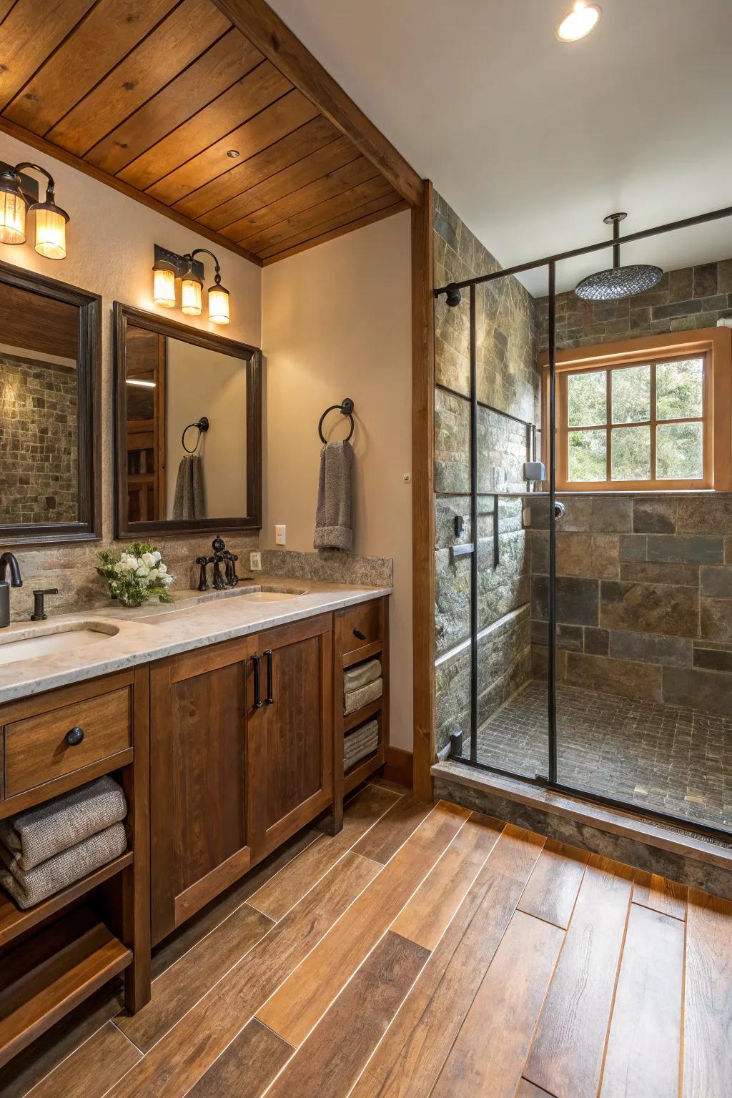 The intermingling of materials culminates in a refined and symmetrical composition within a hall bathroom.
