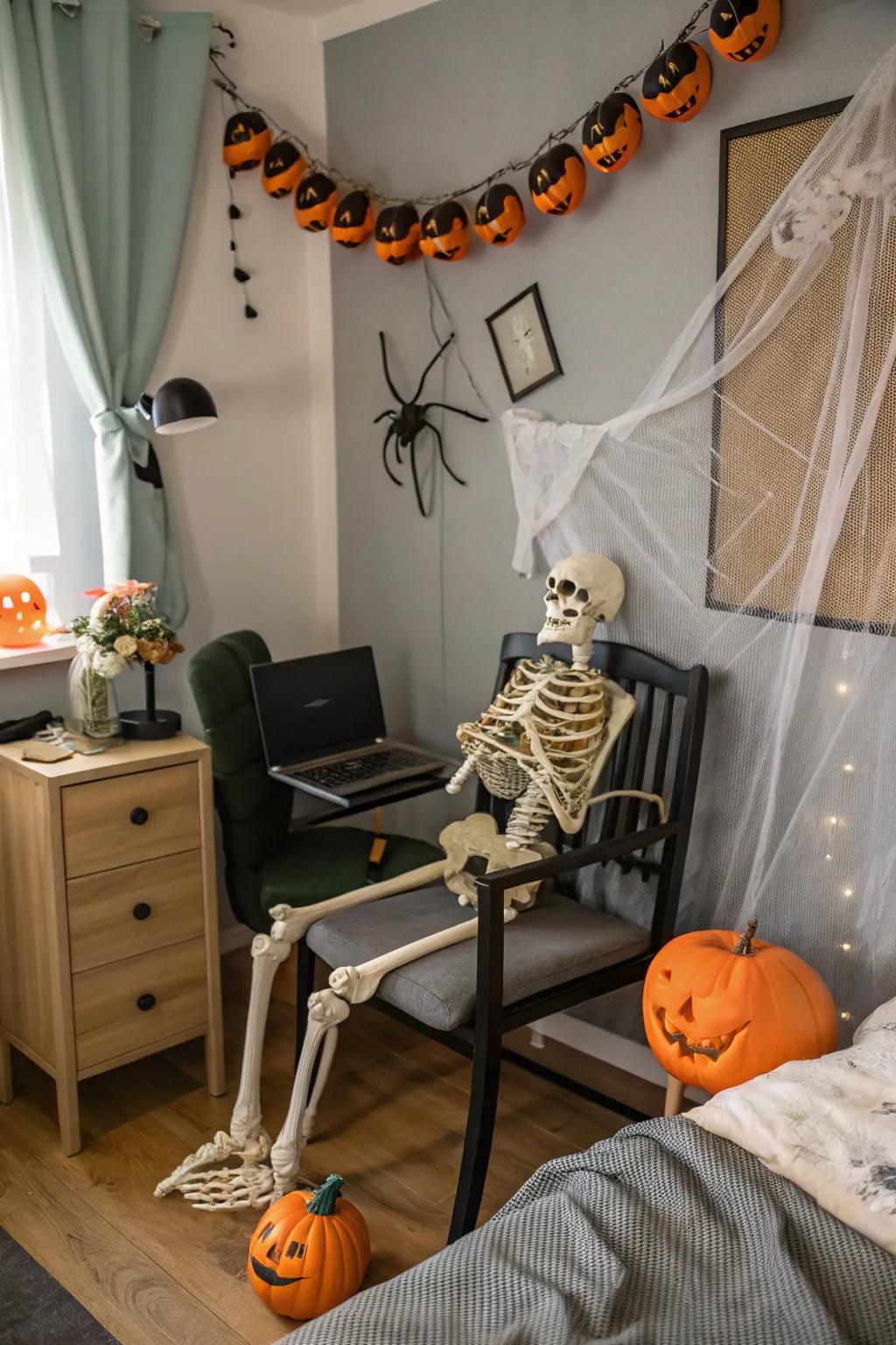 A skeleton in your sleeping quarters lends a lively, spooky astonishment.