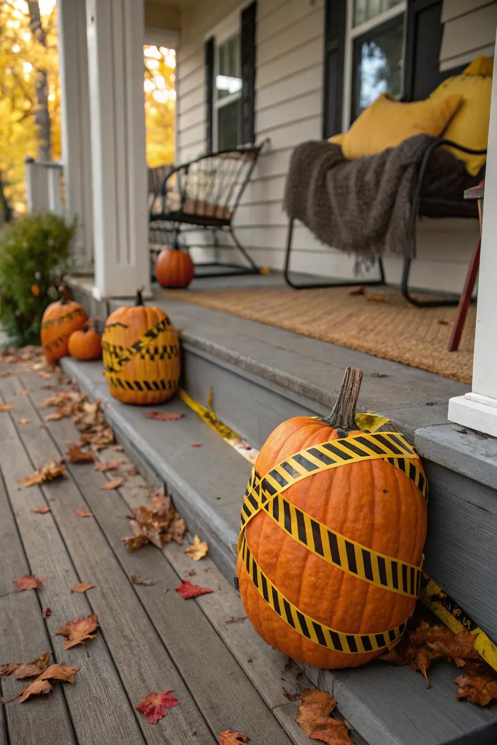 Pumpkins enveloped in hazard tape for a spooky impression.