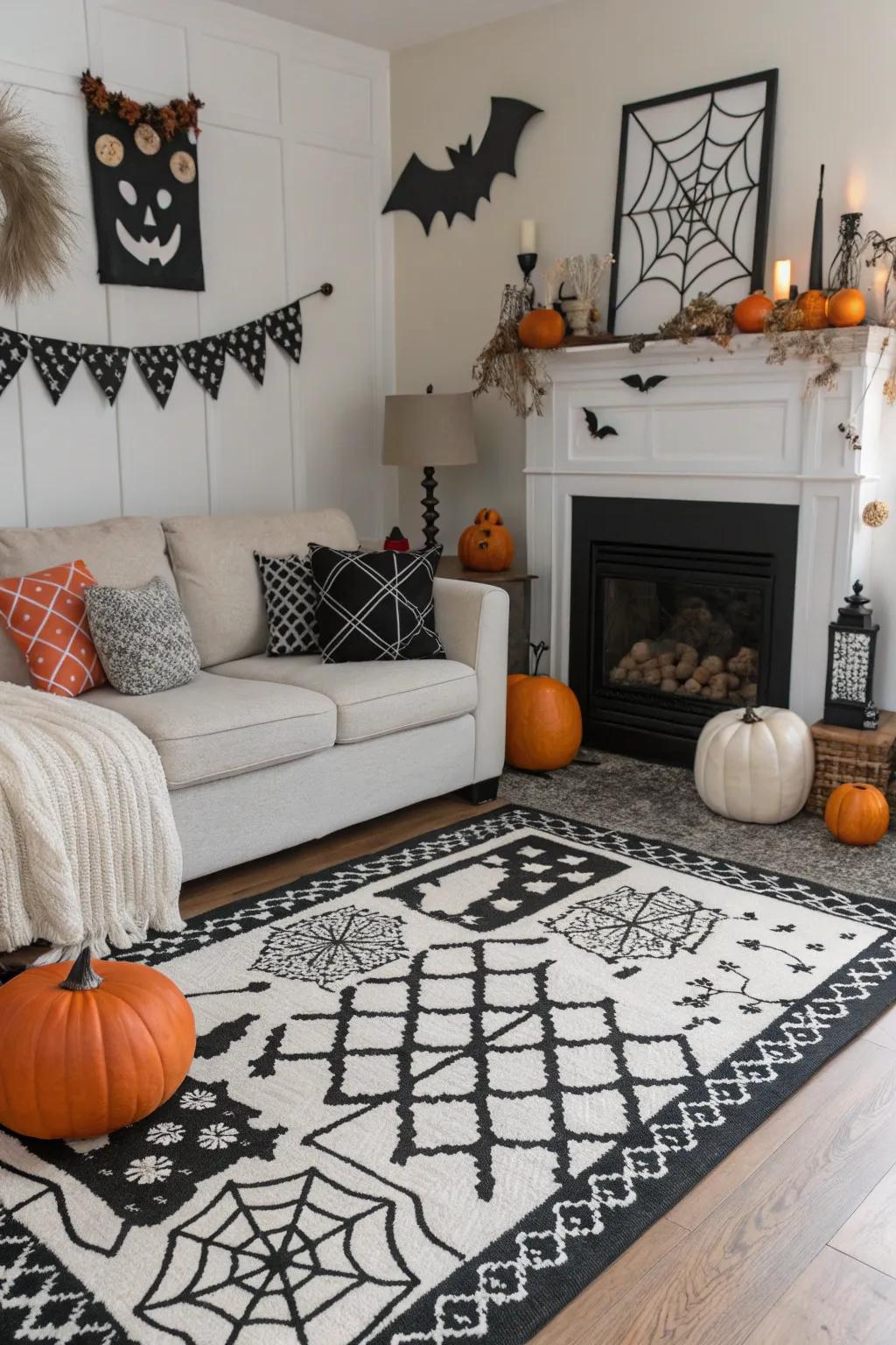 Monochromatic accents elevate the Halloween decorations.