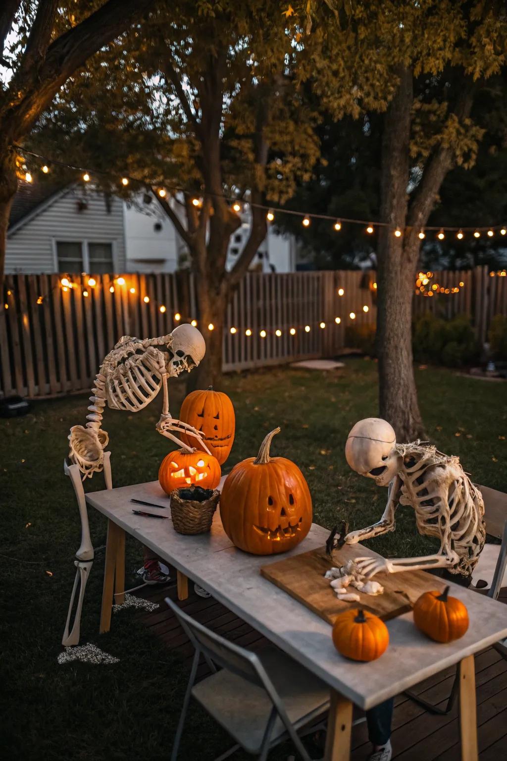 Cucurbit chiseling skeletal figures append a classic Halloween activity to your embellishments.