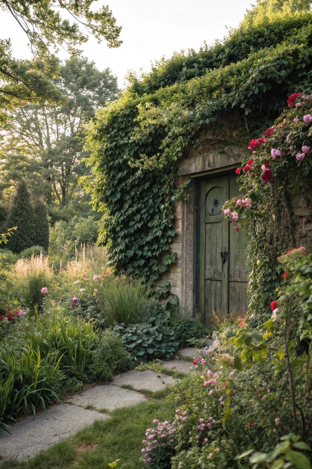 Nature disguises a door with abundant greenery.