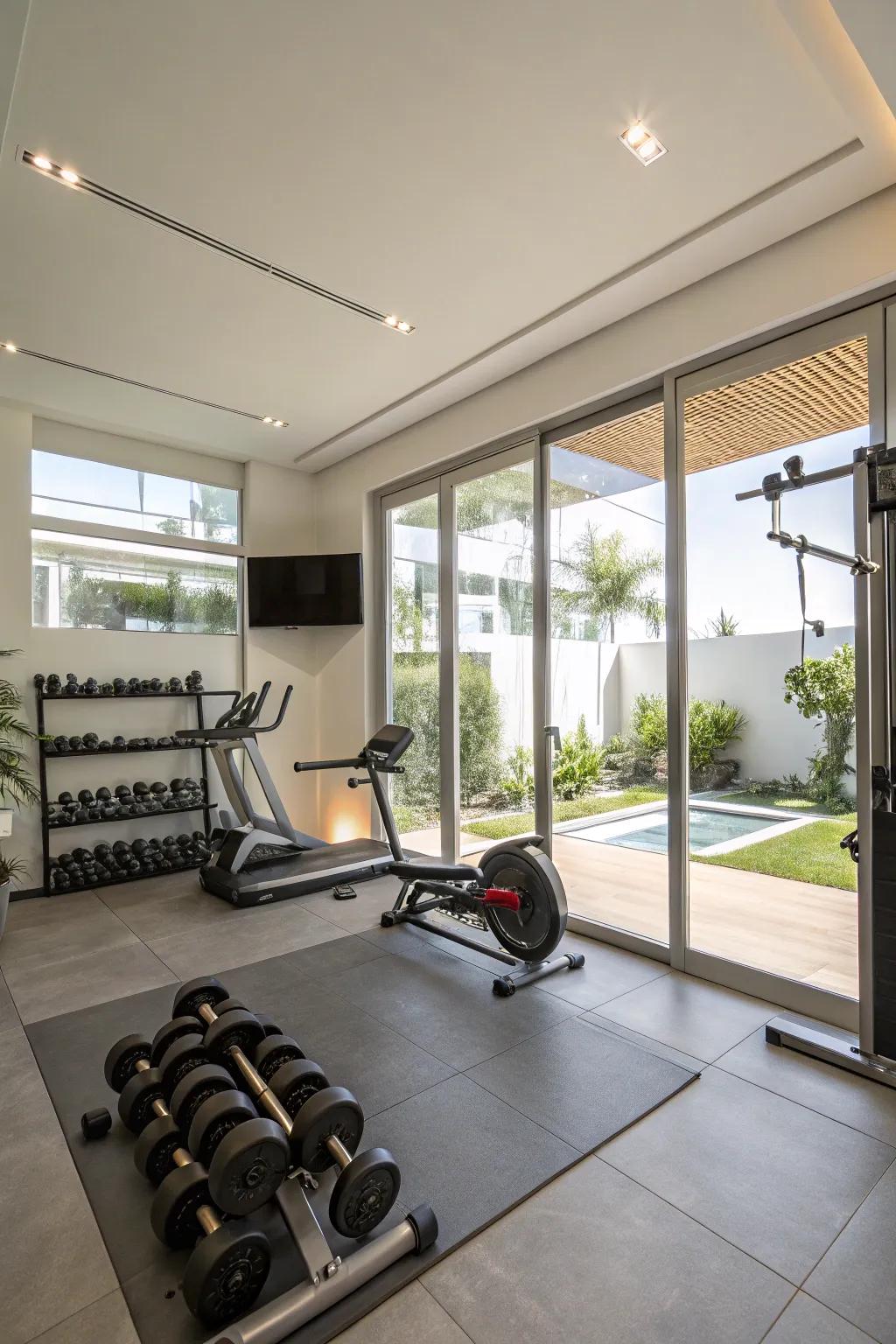 An enlightened, inspiring area purposed for maintaining peak physical condition at home.
