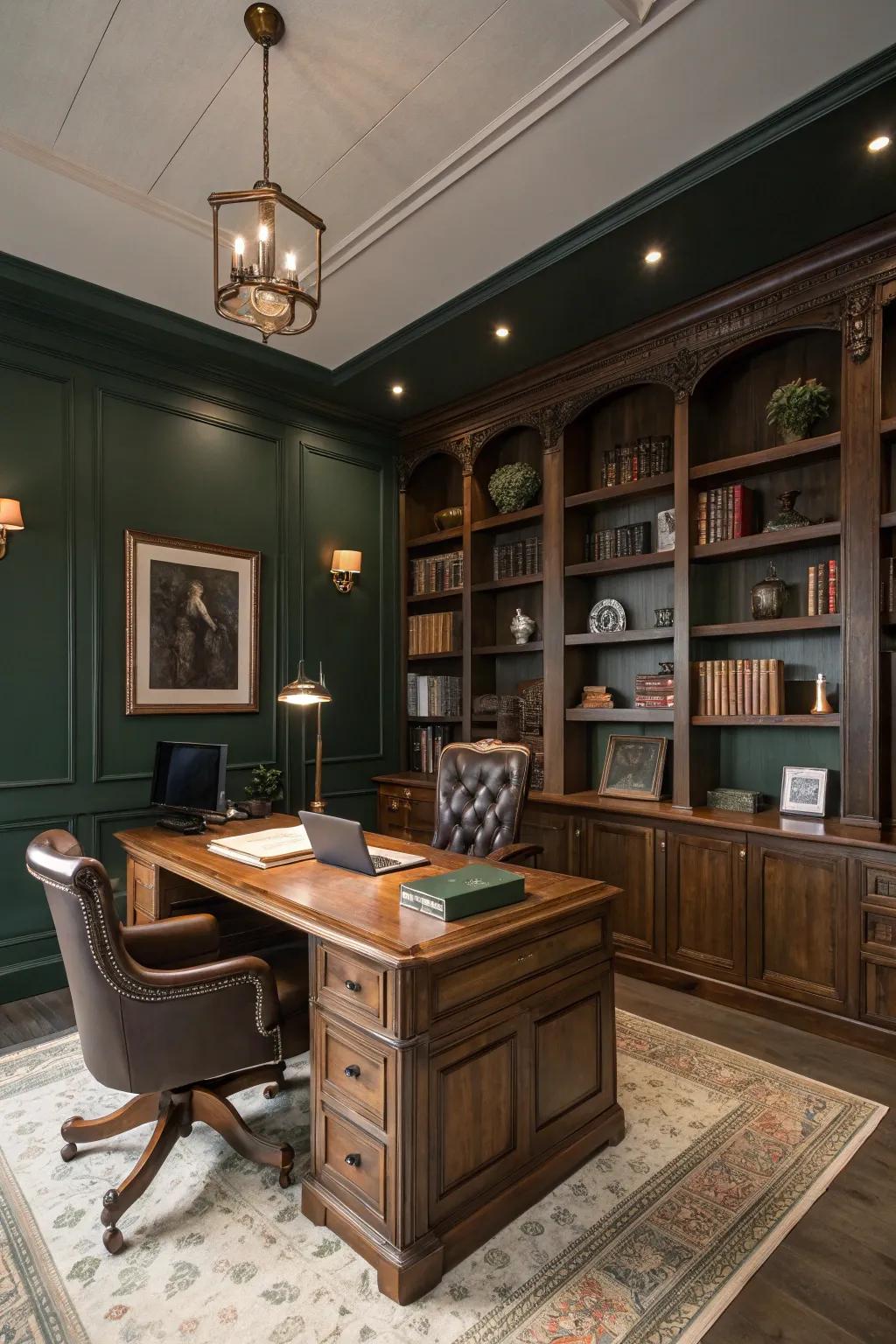 Dark emerald partitions furnish a striking and calming environment in this personal office.