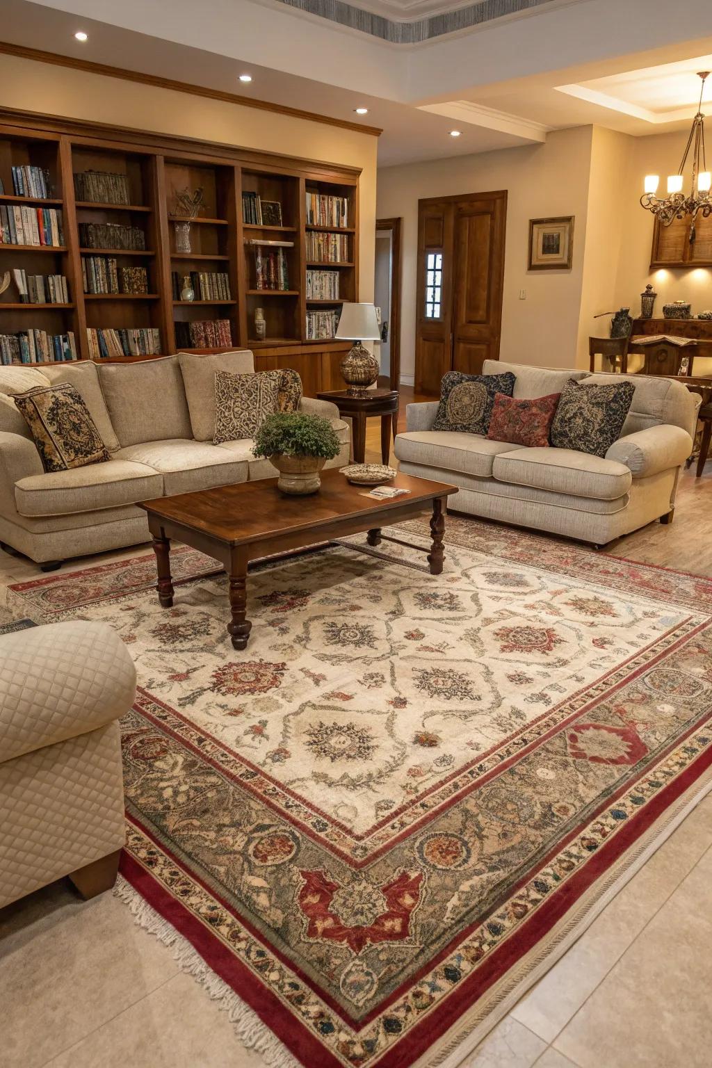 A ground rug crafts an inviting and delineated sitting area.