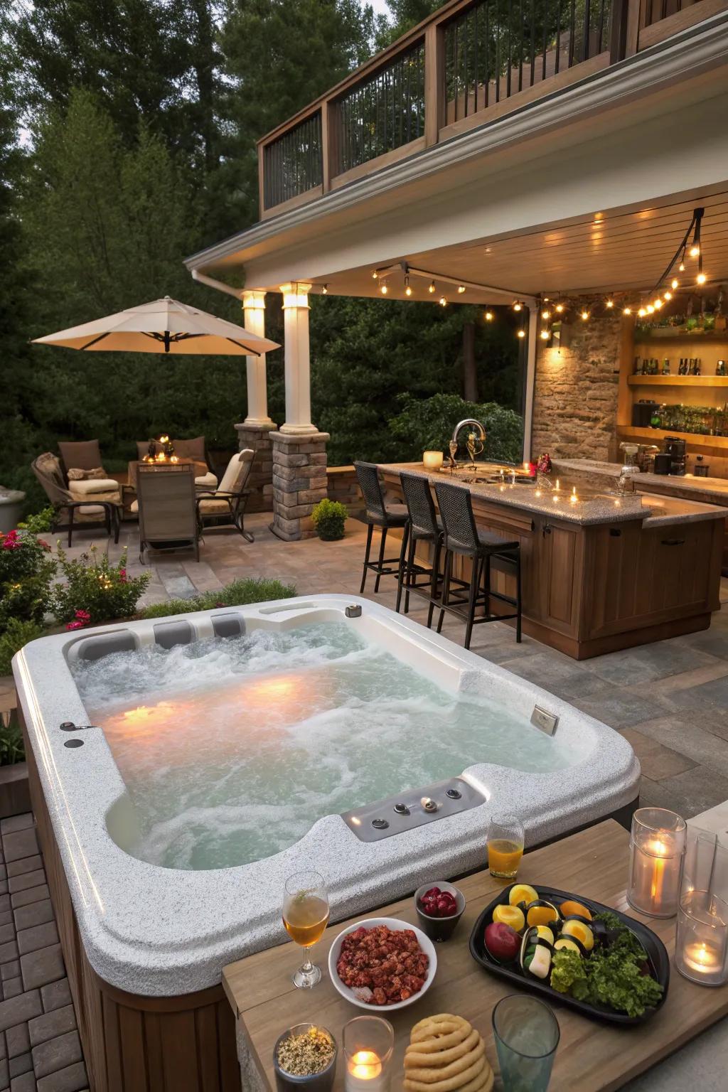 A bar zone introduces ease for dining and entertaining near the <strong><em>hot tub</em></strong>.” loading=”lazy” class=”pimg”>
	</picture><figcaption>A bar zone introduces ease for dining and entertaining near the <strong><em>hot tub</em></strong>.</figcaption></figure>
<p>A neighboring bar or snack spot renders entertaining by the <strong><em>hot tub</em></strong> simple and pleasurable. From my experience, possessing a place to set refreshments or snacks truly elevates the area.</p>
<h3>Some ideas to consider:</h3>
<ul class=