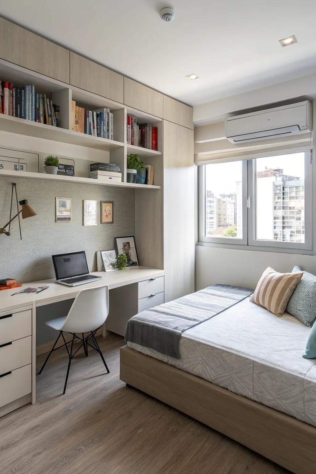 A functional multipurpose room that functions as both an office and guest area.