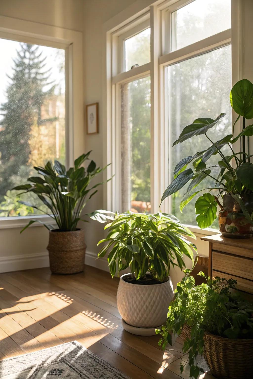 Solar illumination ensures thriving and lively sun-loving plants.