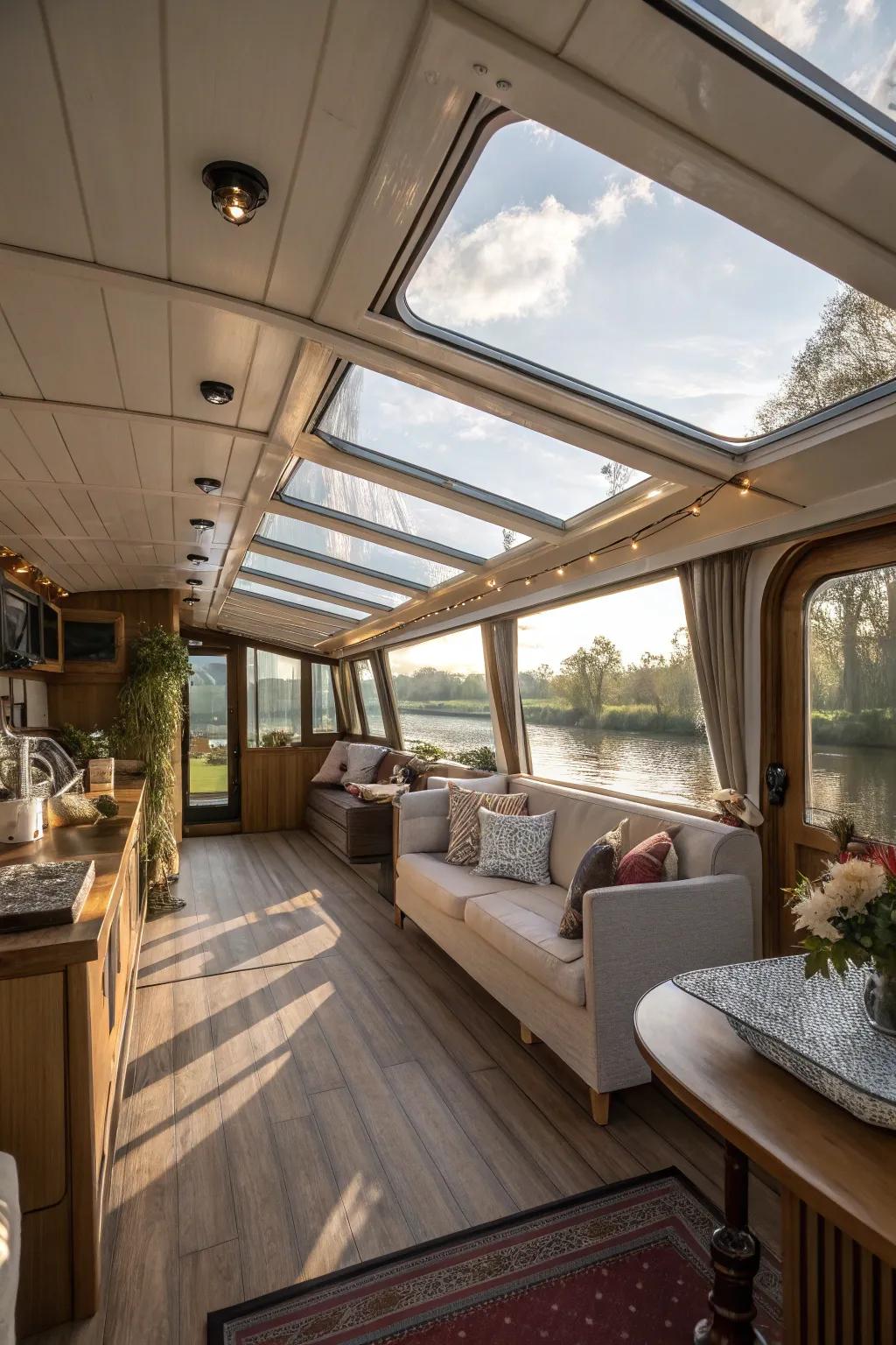 The skylights make the houseboat feel larger and brighter.