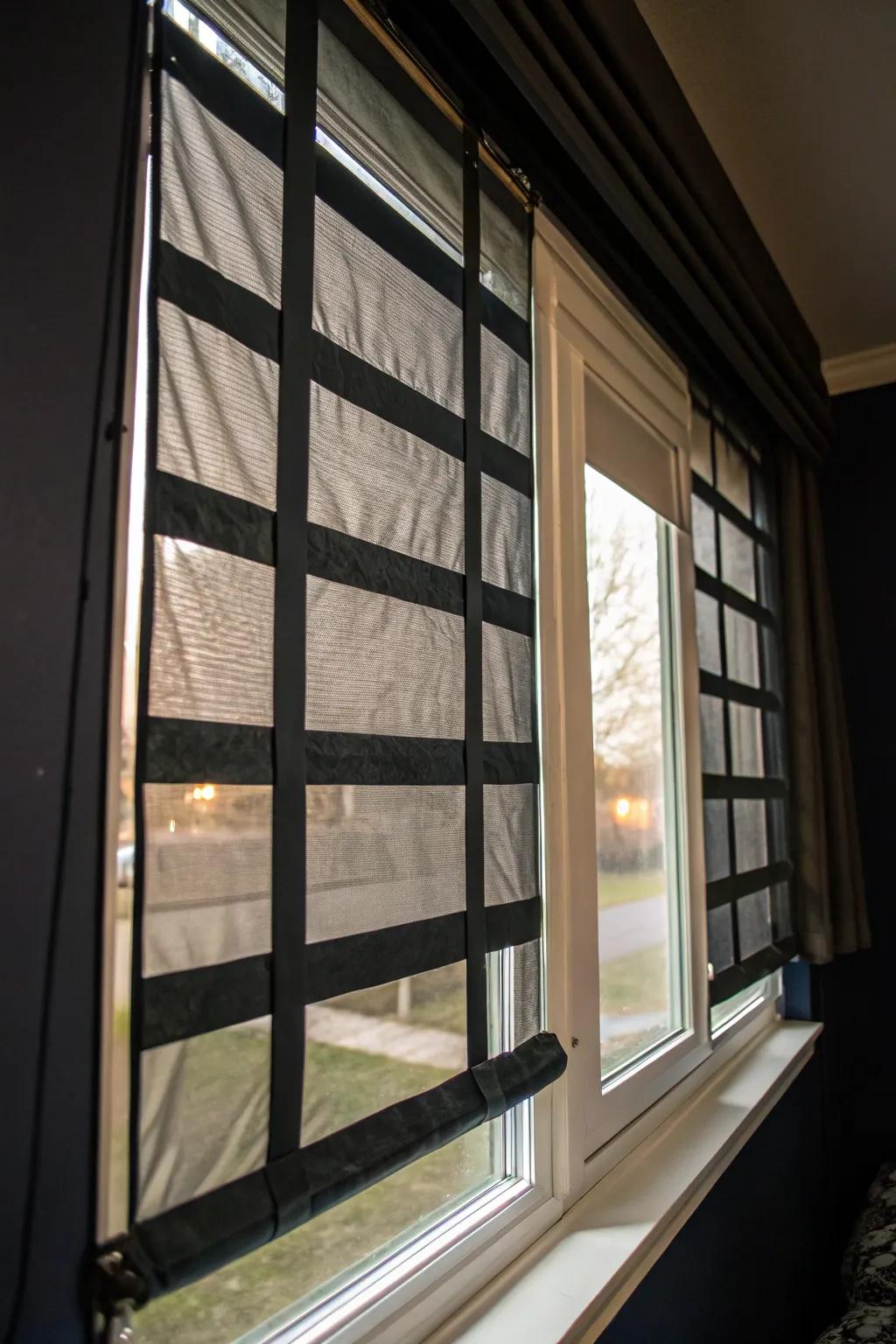Adhesive strips and textiles create a versatile and temporary darkening option.