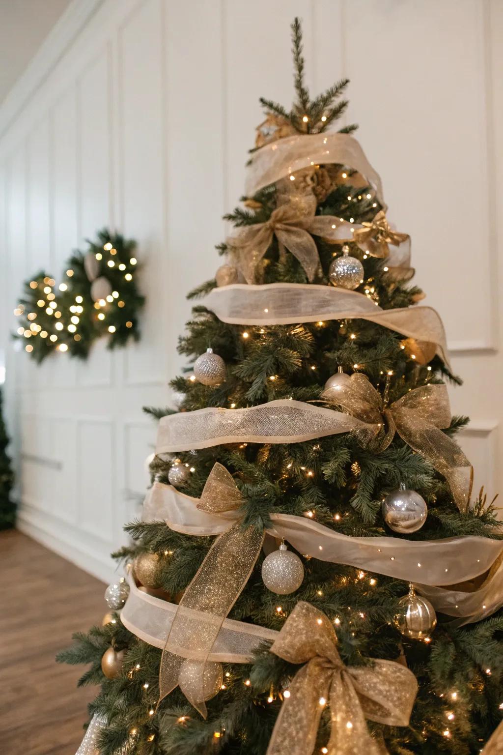 An elegant Christmas tree beautifully decorated with layered ribbons.