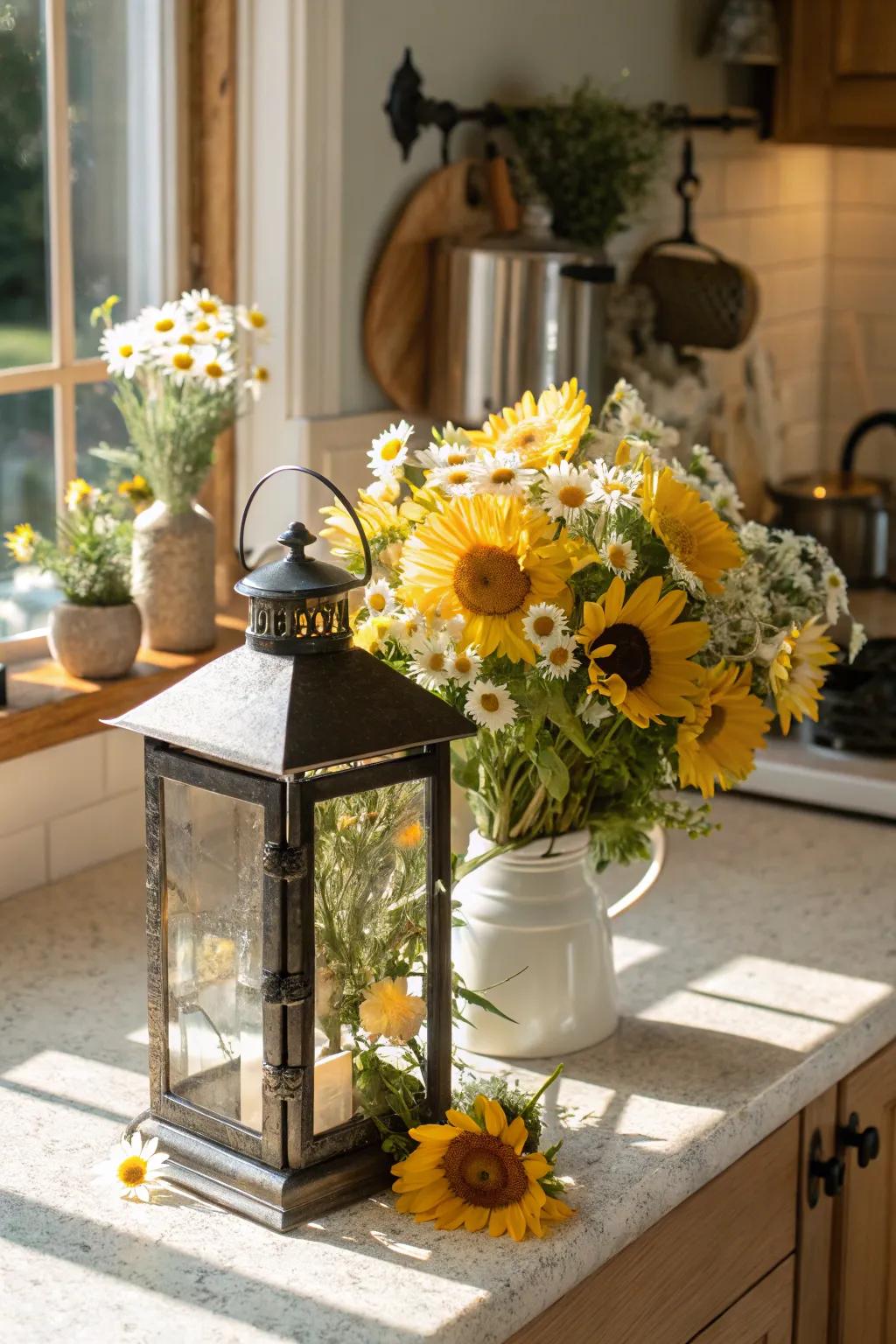 Bright and cheerful summer lantern adorned with sunflowers and daisies.