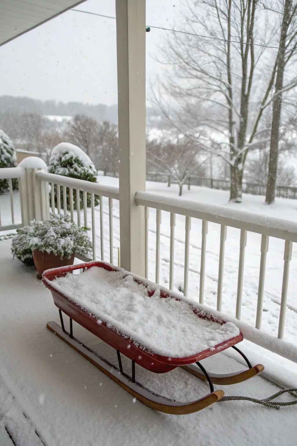 A sled transitioned into an arctic wonderland through imitation snow