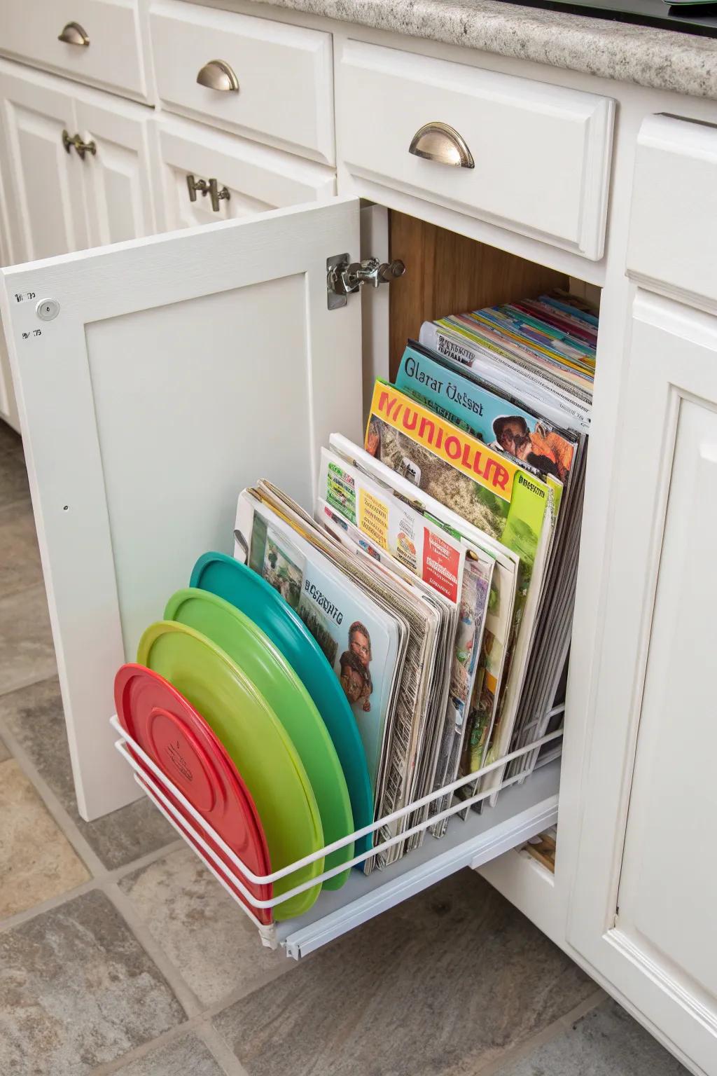 A magazine rack attached inside a cabinet door, used for storing plastic lids.