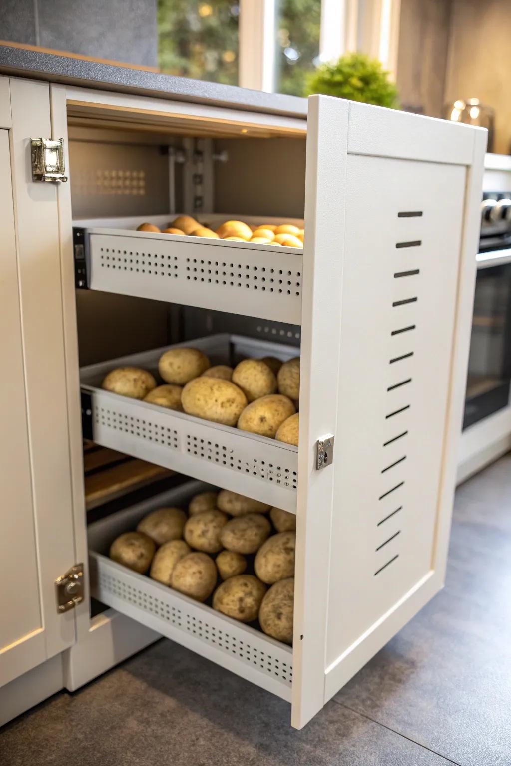 Properly designed cooking area cupboard suited for vegetable storage.