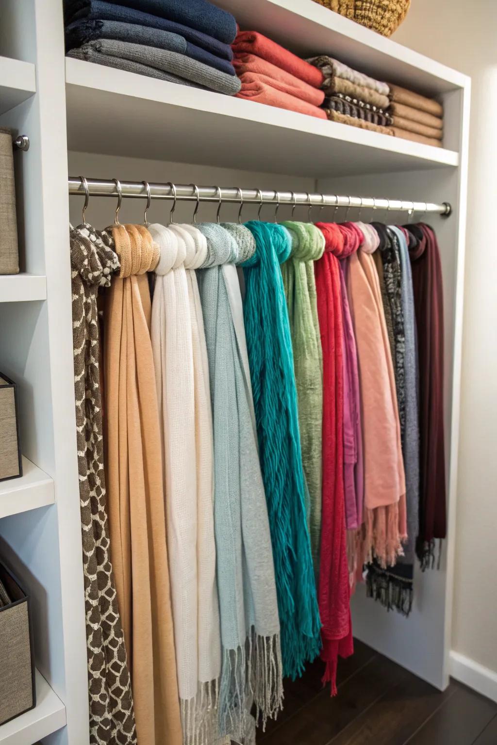 Sliding shelves offer convenience and organization for scarf storage.