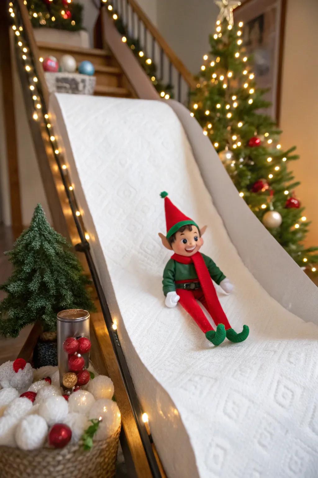 The elf celebrates its return with a fun sledding adventure.