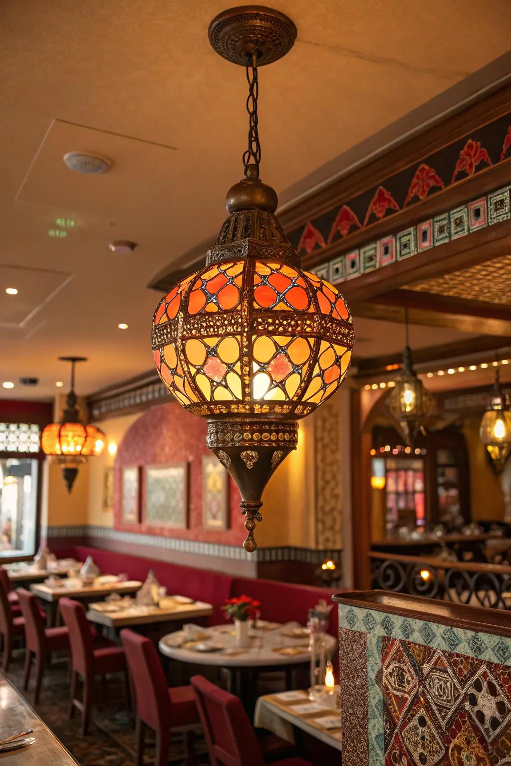An Indian restaurant featuring a statement lighting fixture.
