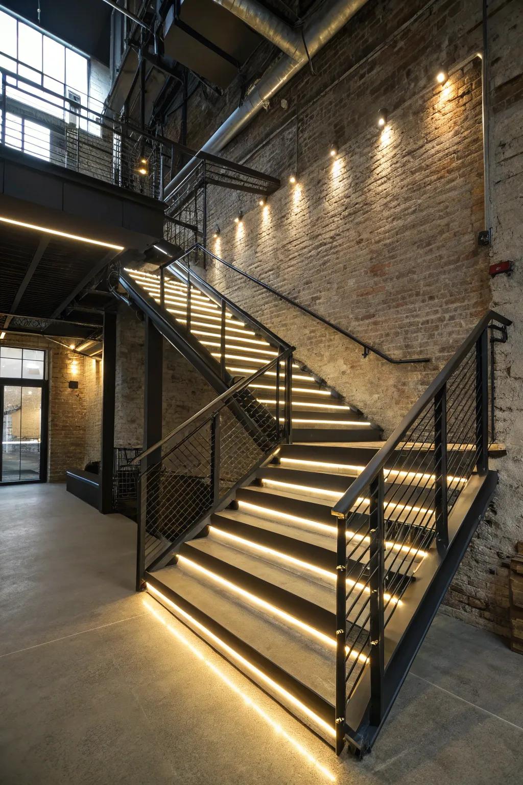 A striking staircase featuring LED strip lighting