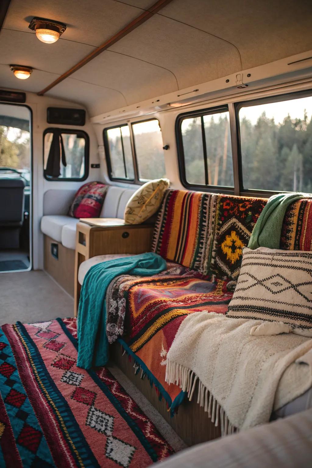 Gentle rugs and textiles that impart warmth and style to the camper.