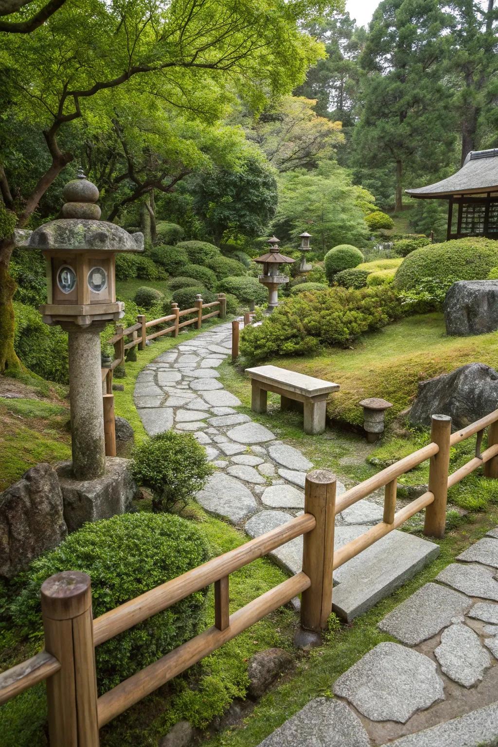 Timber partitions and sitting spaces in a Japanese garden.