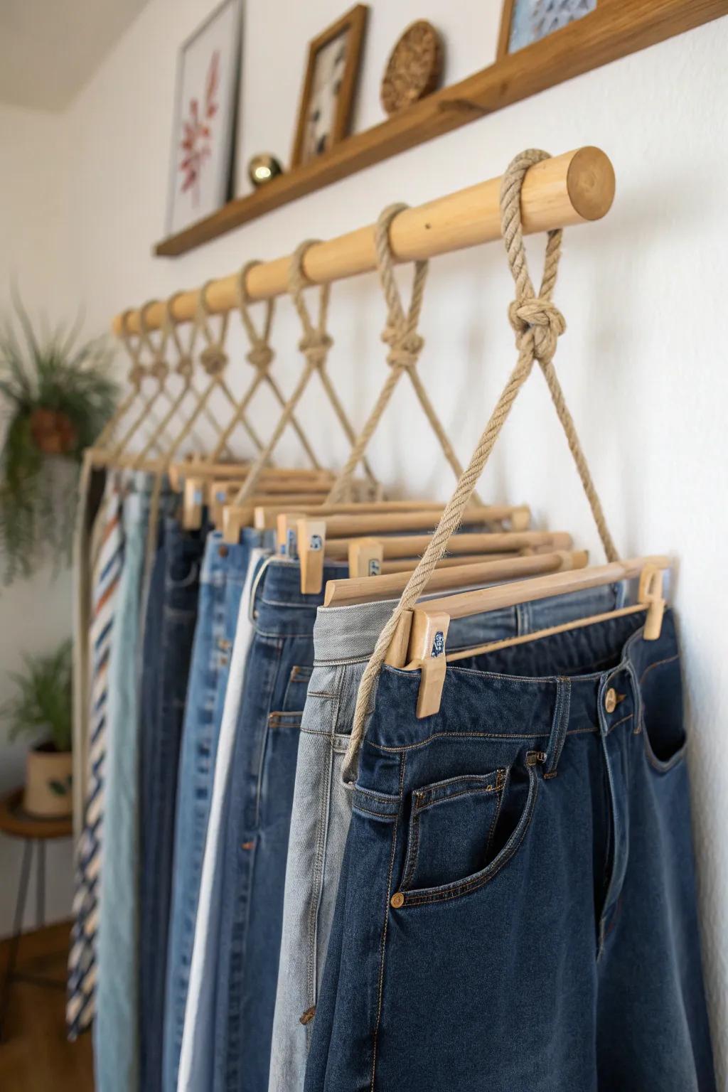 Create a unique rack for personalized jeans storage.