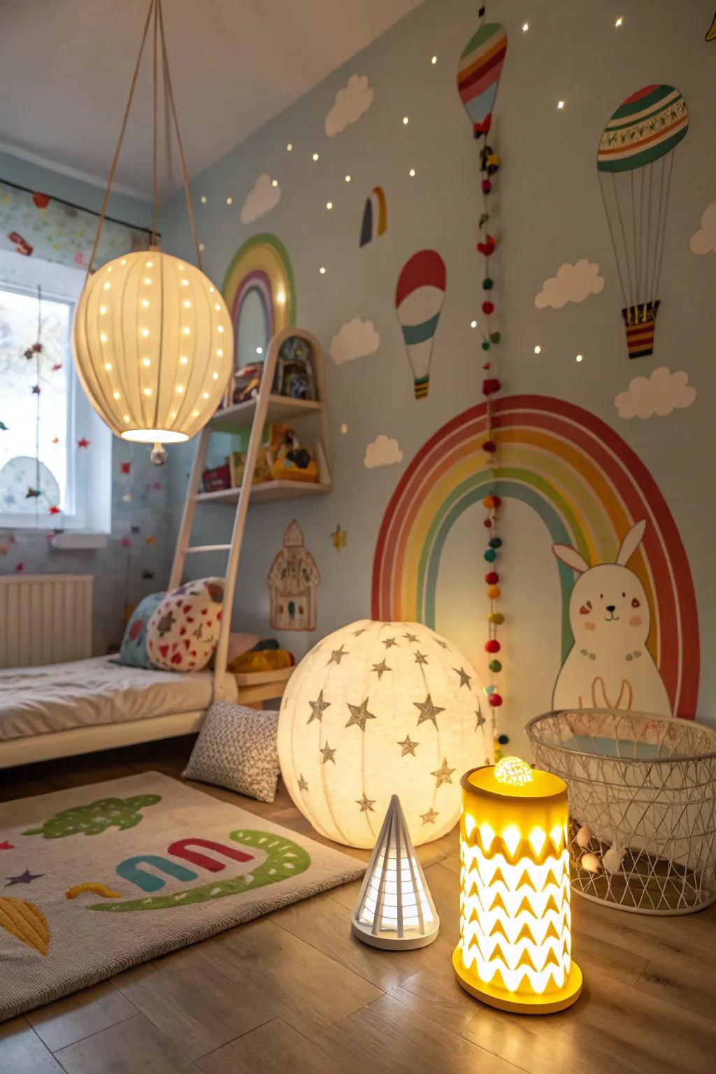 Imaginative illumination enhances the room's ambiance.