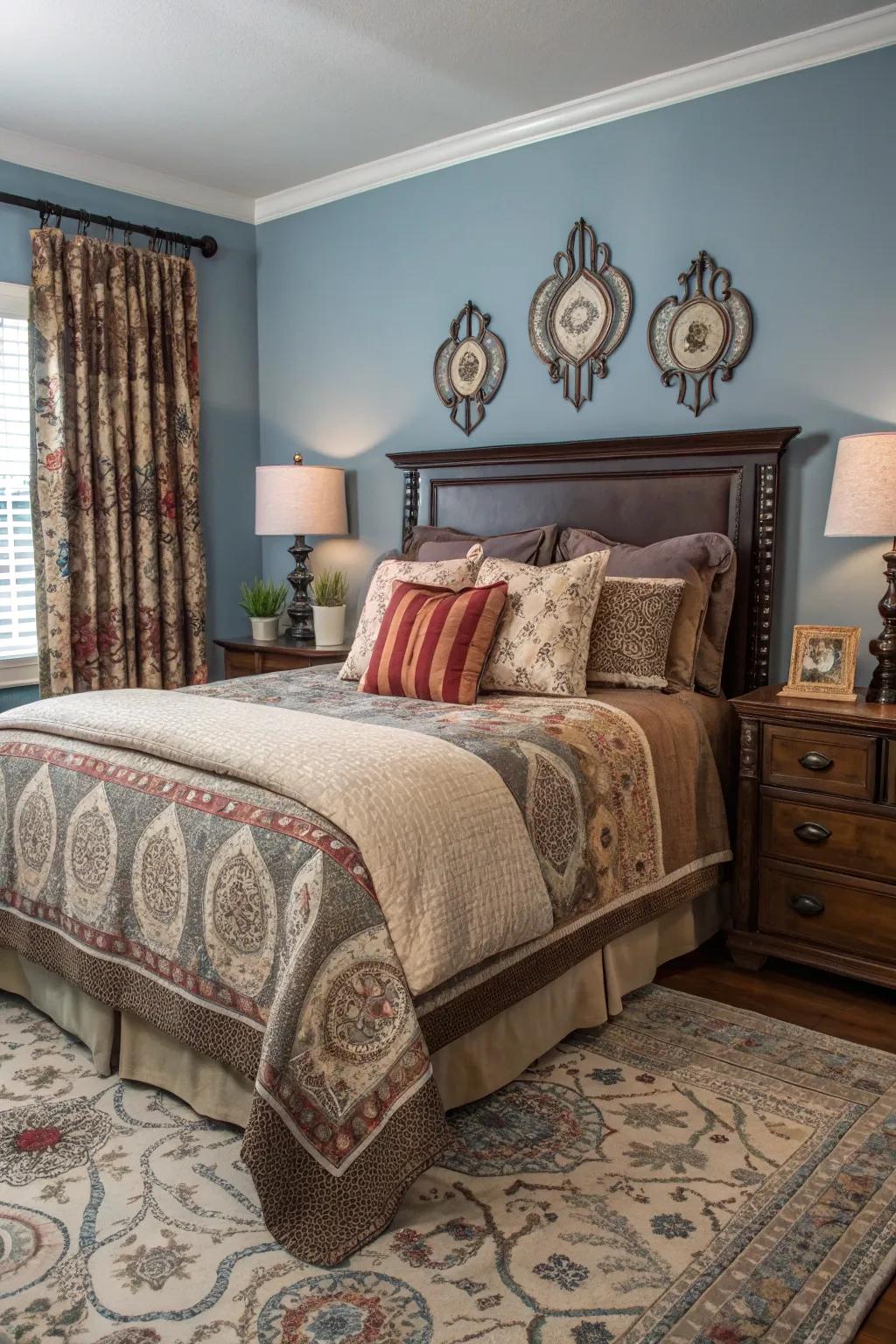 A blend of textures and motifs enriches the overall design of your king bedroom.