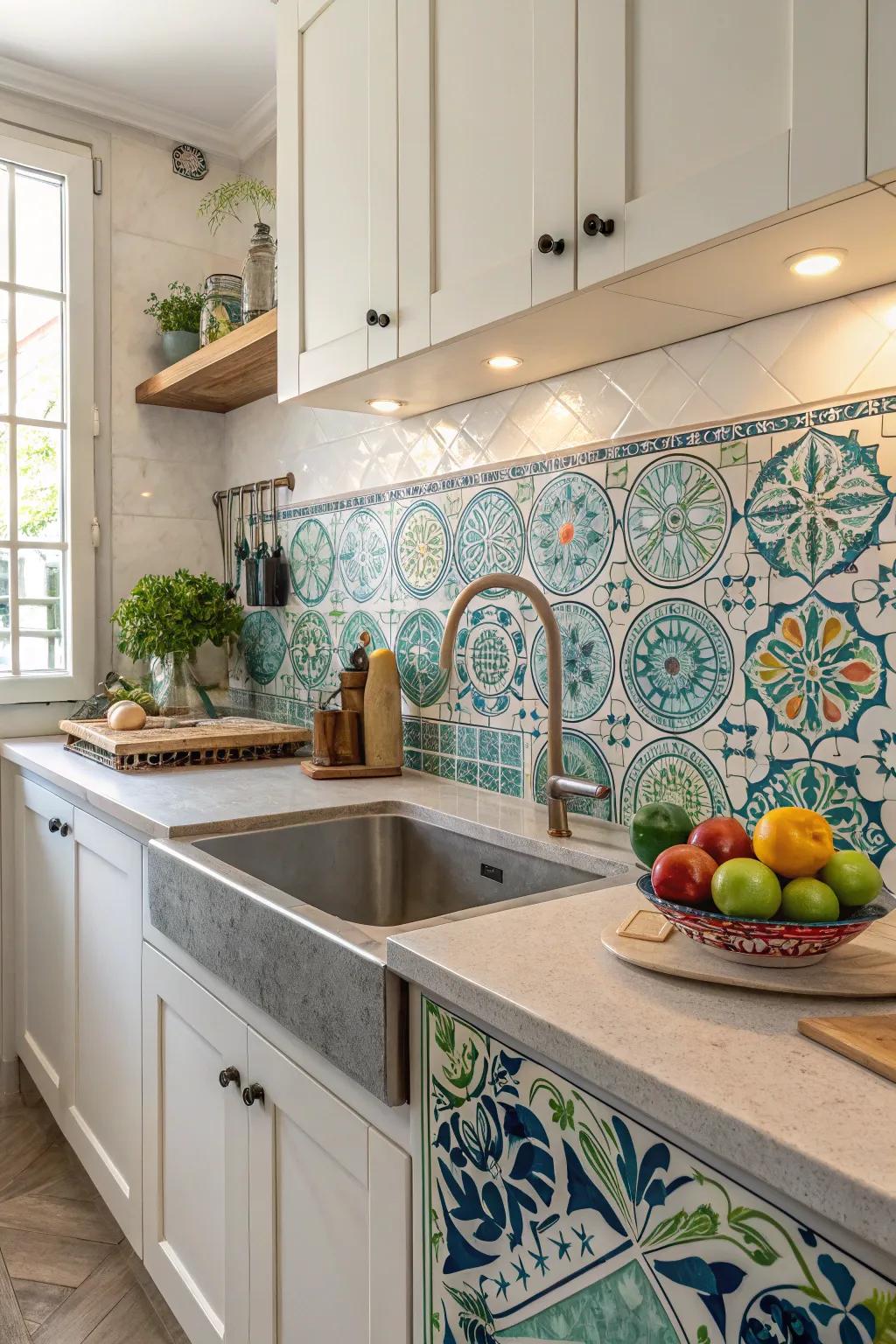 Mosaic tiles add a hint of opulence to key areas in the kitchen.