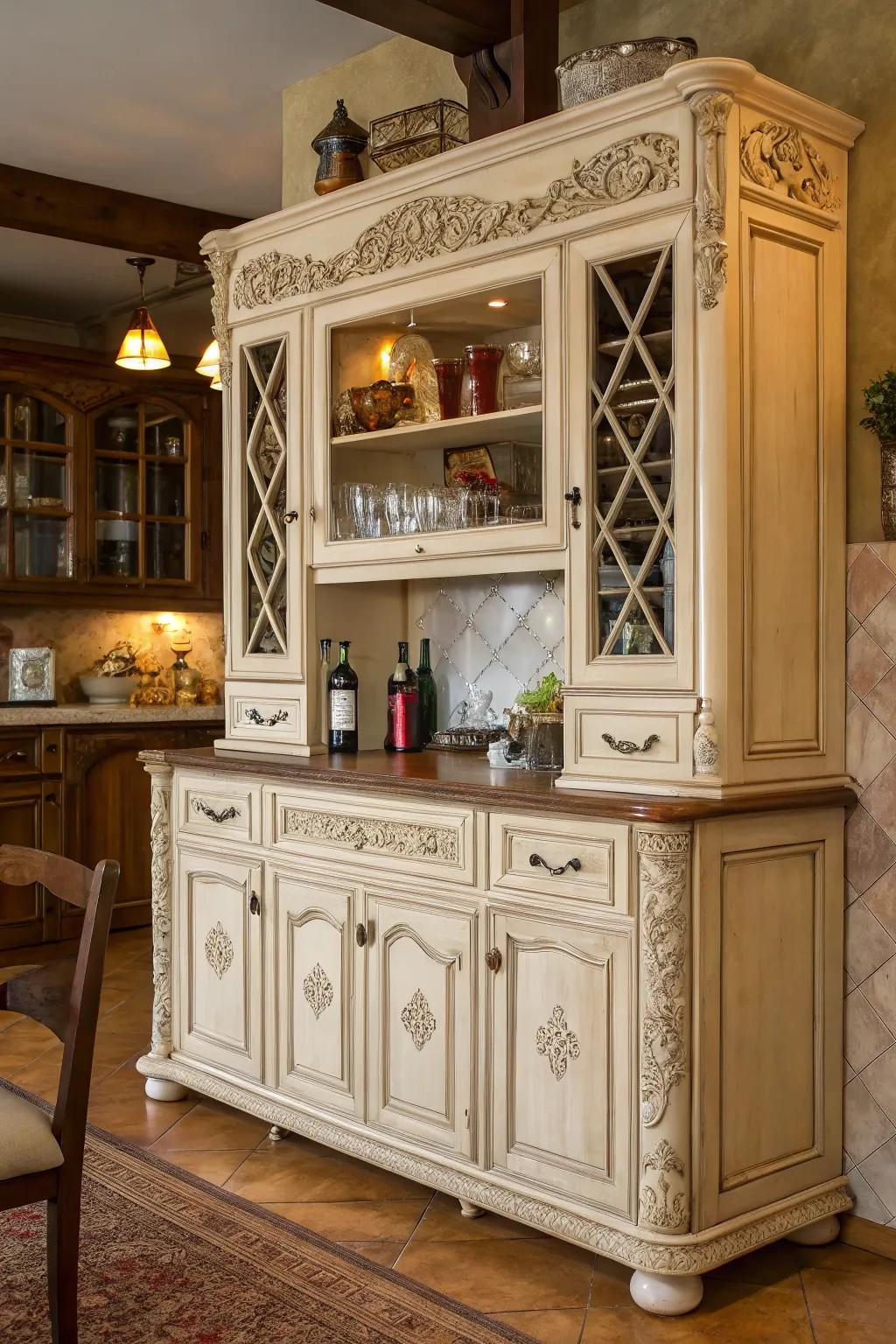 Vintage elegance shines through in this bar cabinet's classic design.