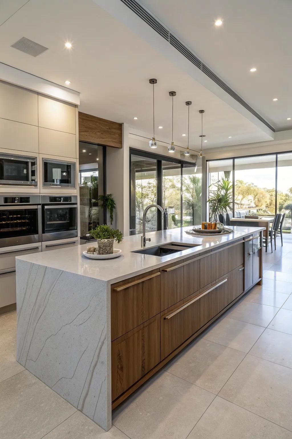 A streamlined kitchen island that features smart appliance integration.