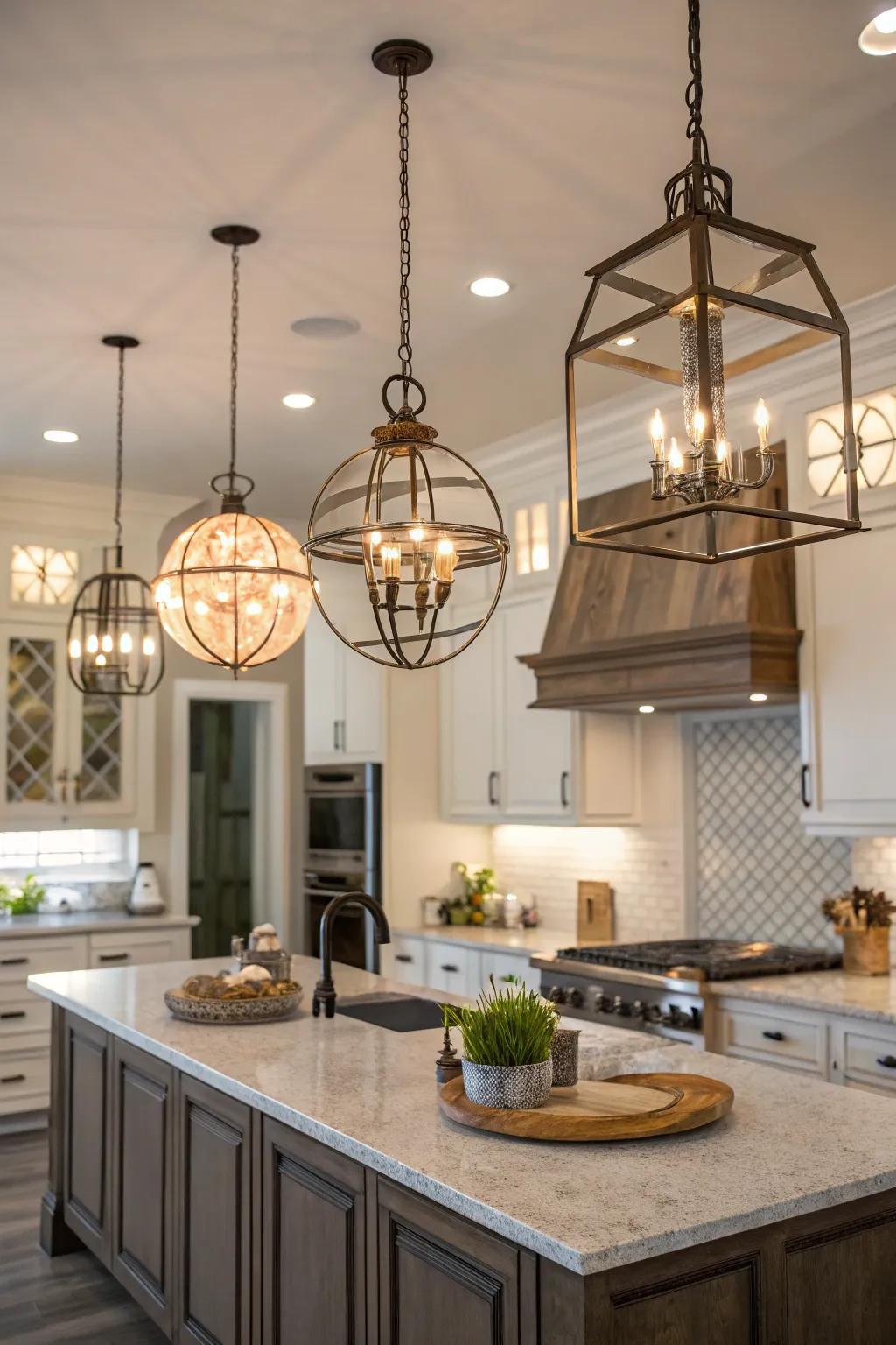 A mix of shapes adds depth and vibrancy to this kitchen’s lighting.